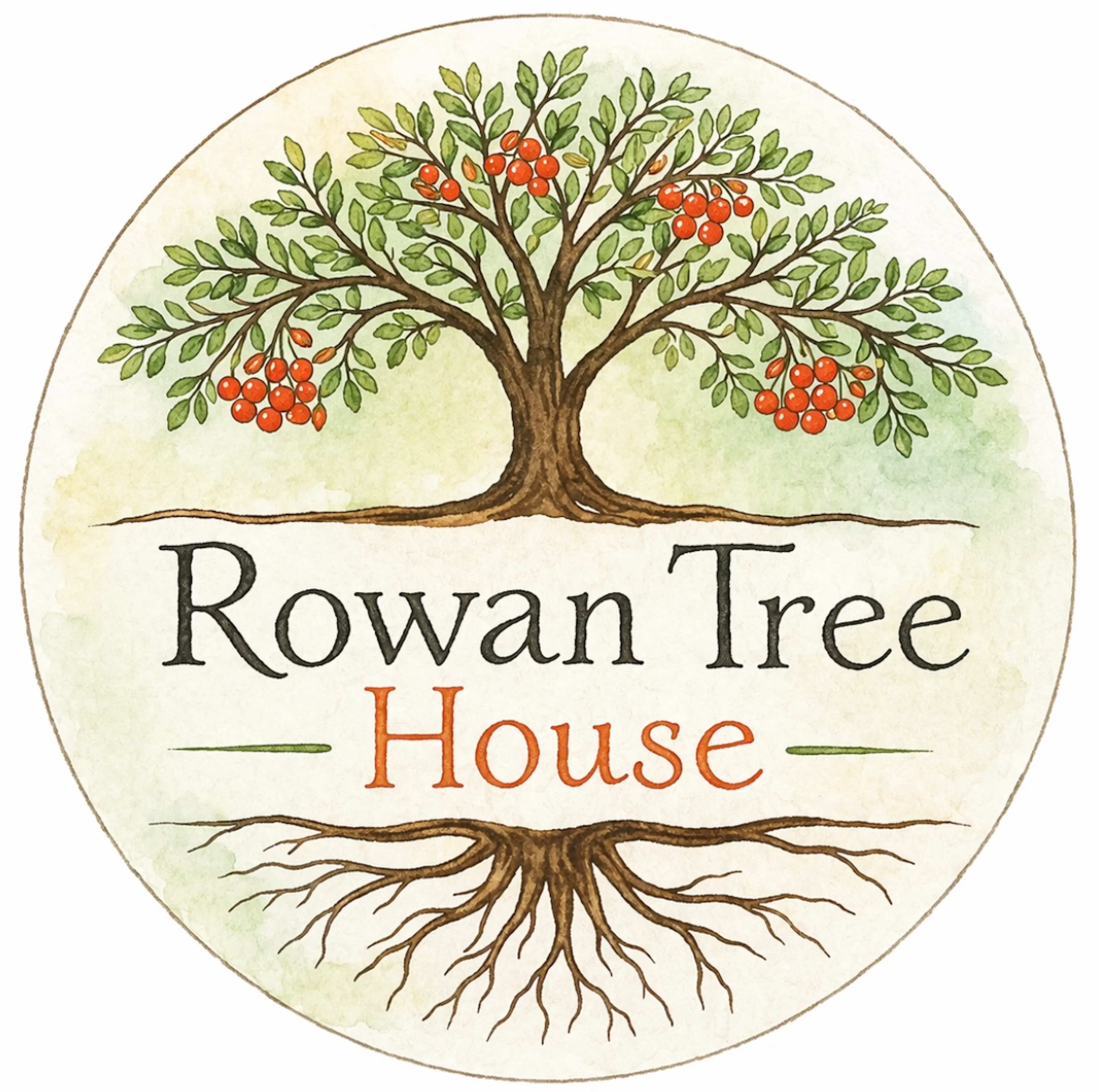 A Rowan tree and its roots, separated with space in the middle. Writing across the centre space says Rowan Tree House. 
