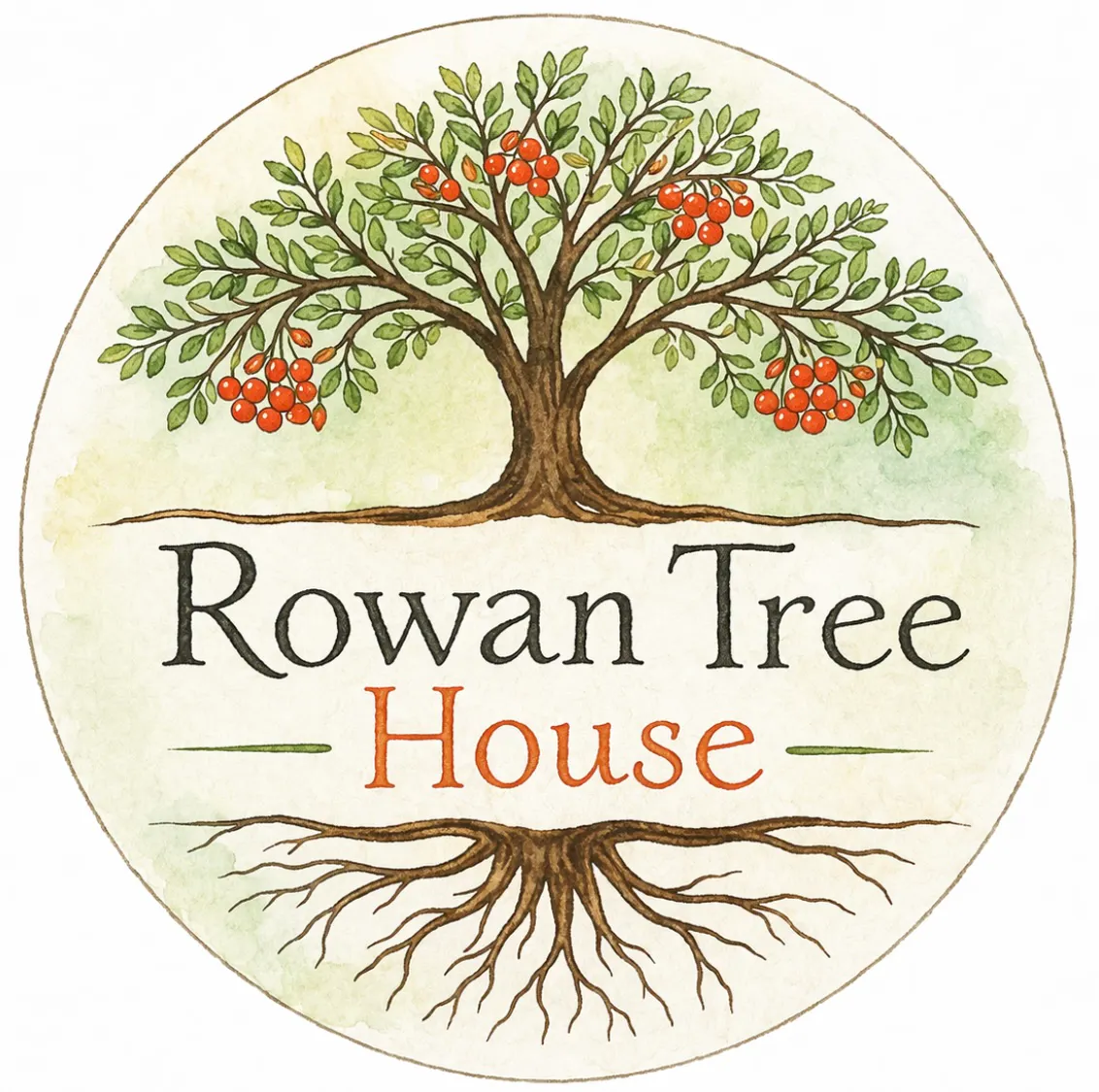 A Rowan tree and its roots, separated with space in the middle. Writing across the centre space says Rowan Tree House.