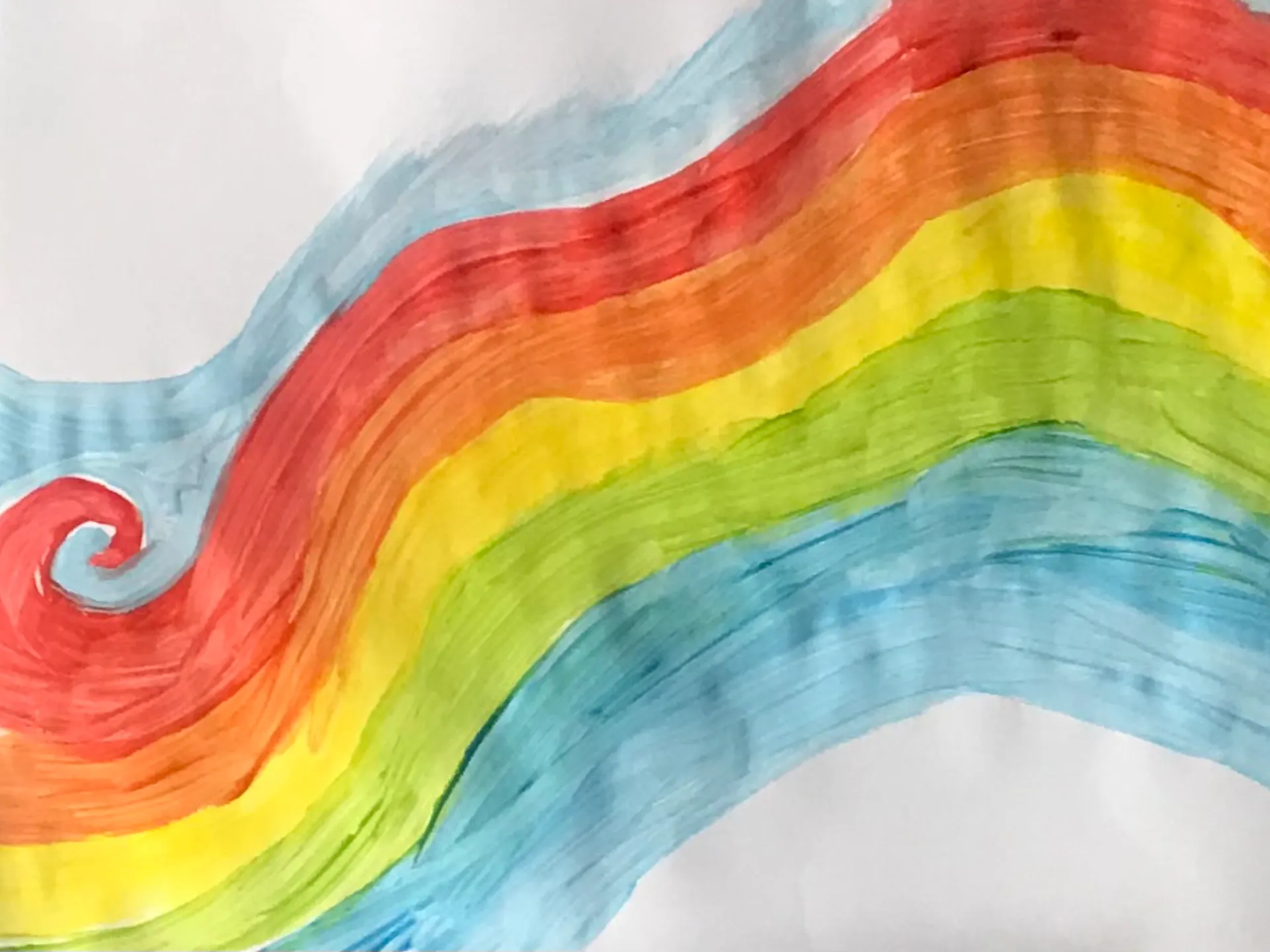 A water colour painting of a rainbow with a wave painted into the red strip