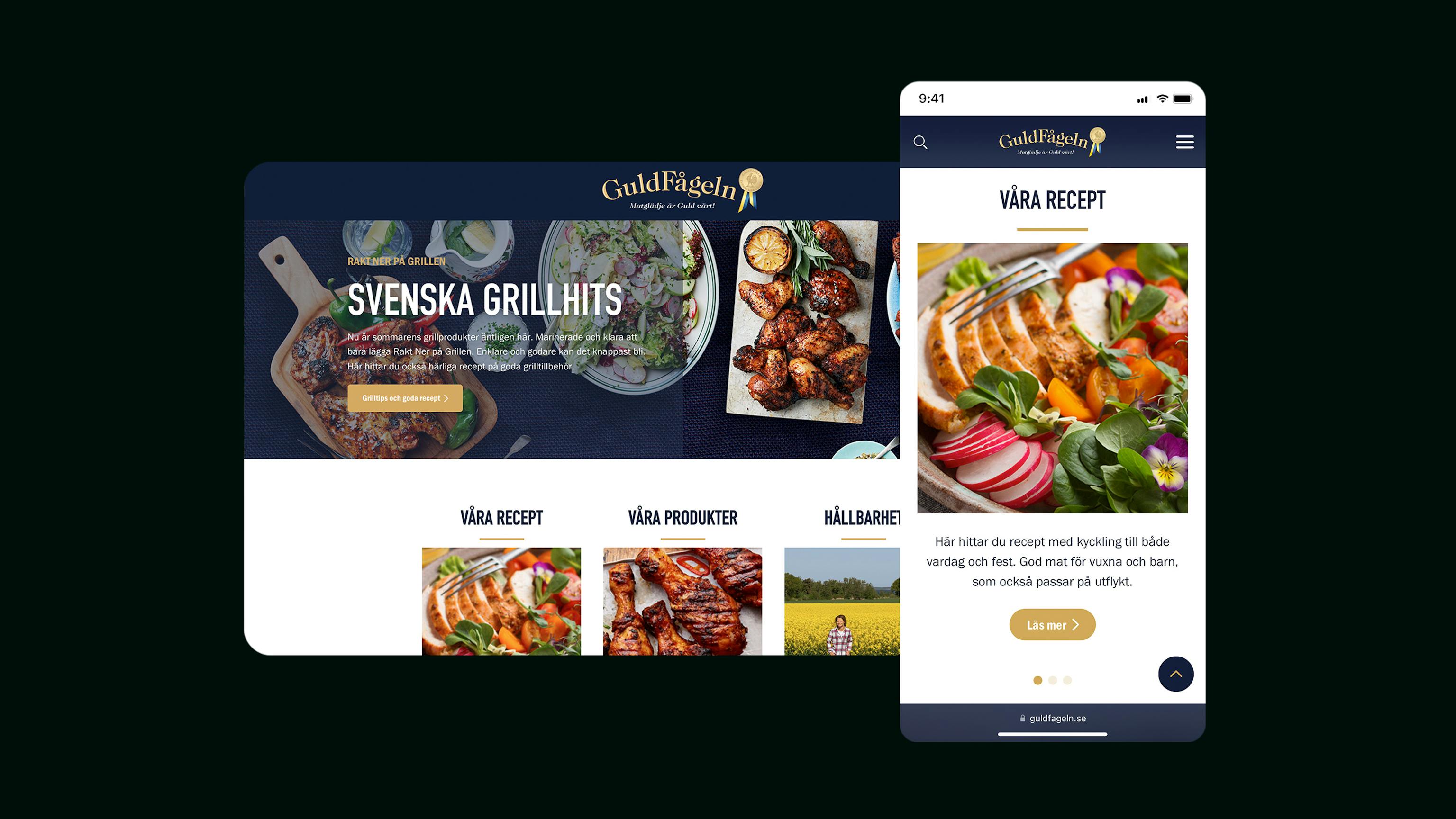 Guldfågelns webbsida i desktop- och mobilvy