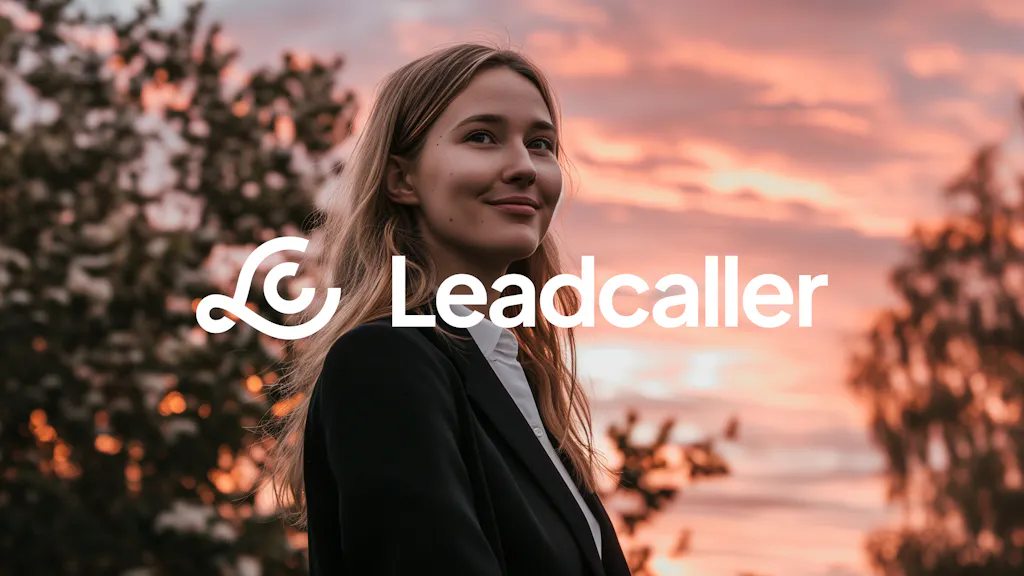 Leadcallers logotyp i vitt mot bild med ung kvinna
