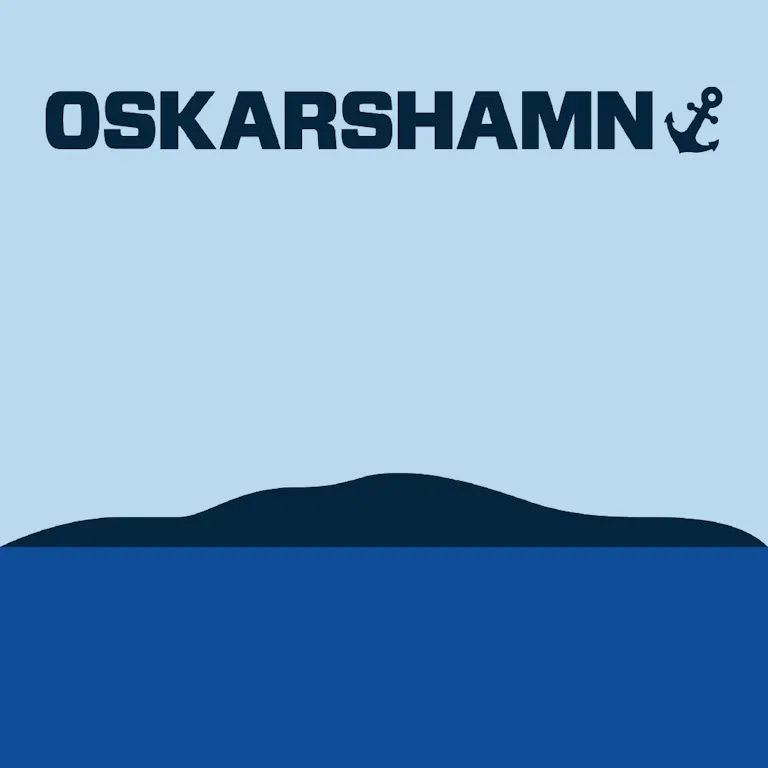 Illustration av Blå Ljungfrun med Oskarshamn-logotyp i toppen