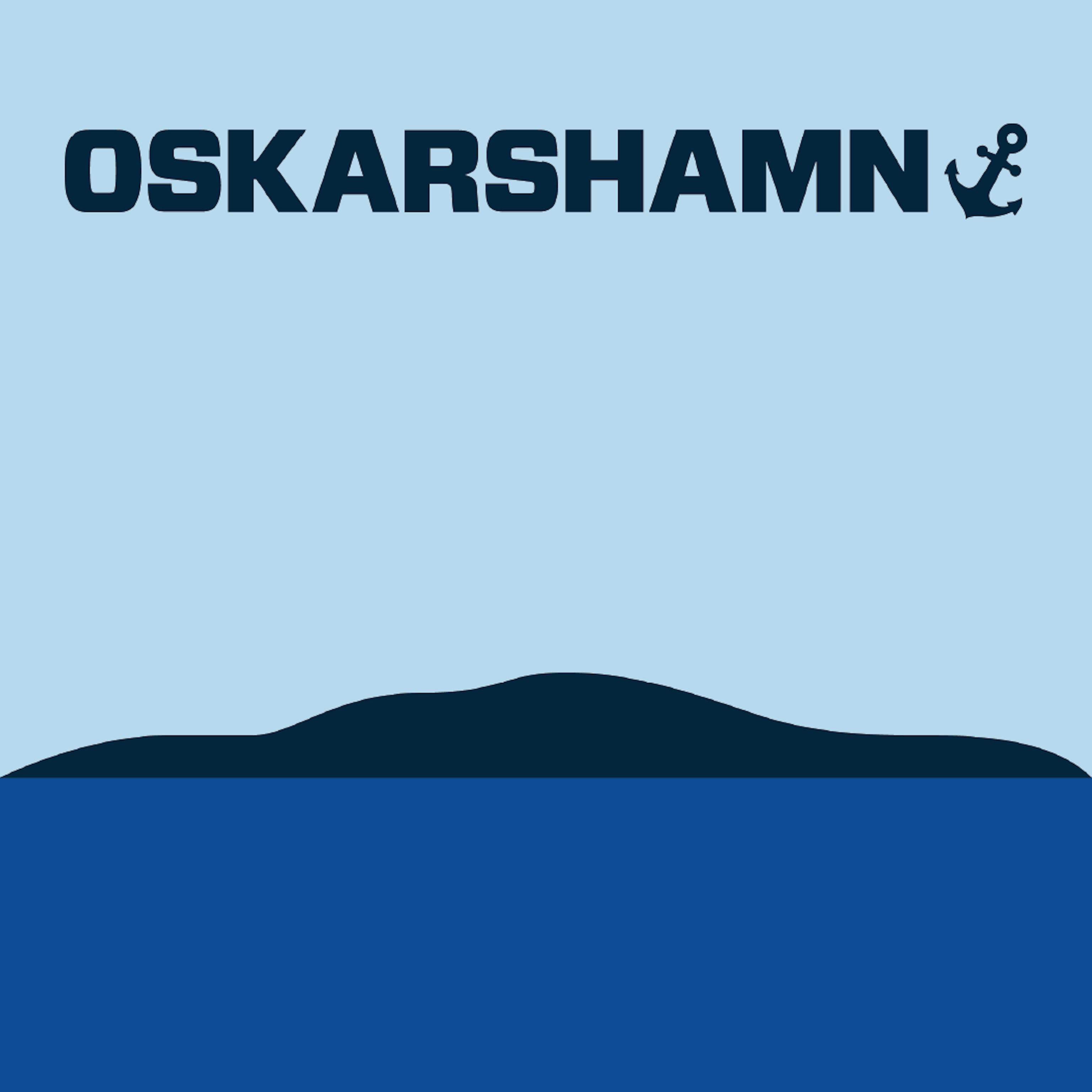 Illustration av Blå Ljungfrun med Oskarshamn-logotyp i toppen