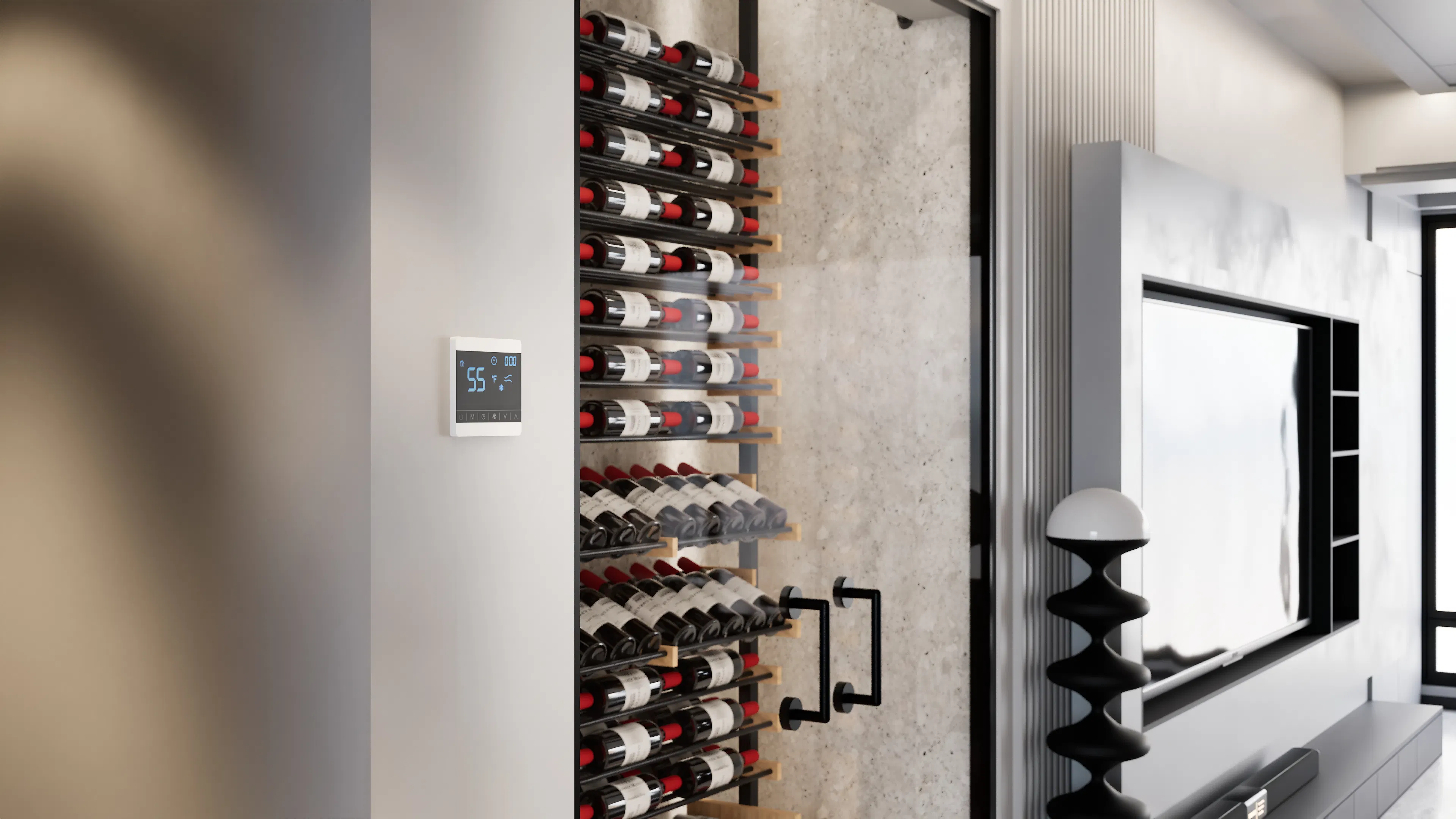 Wine cellar wall with bottle storage and a wall-mounted temperature controller