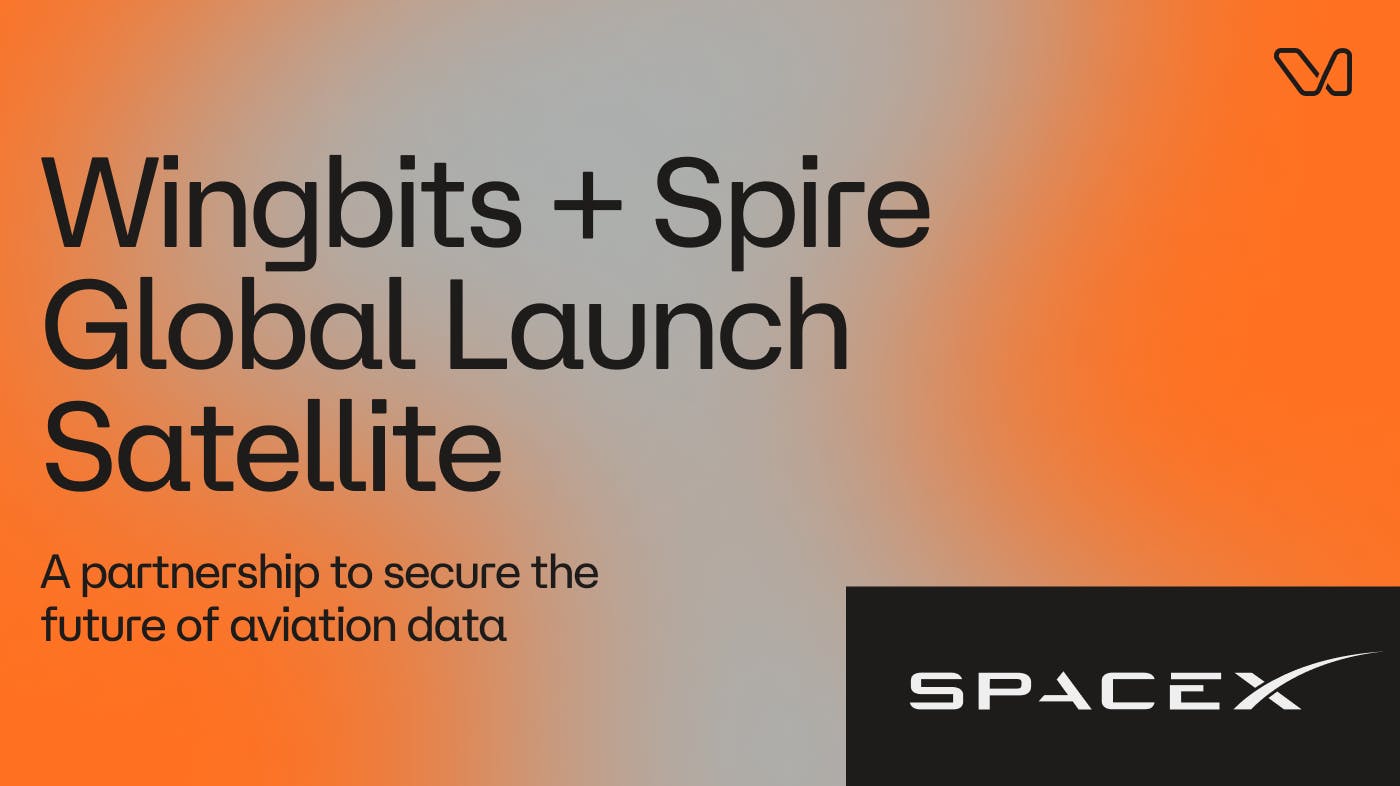 Wingbits and Spire partnership blog banner states to Prepare for Liftoff: Wingbits & Spire Global to Launch Satellite. There is an image of SpaceX logo with an orange and gray gradient background.