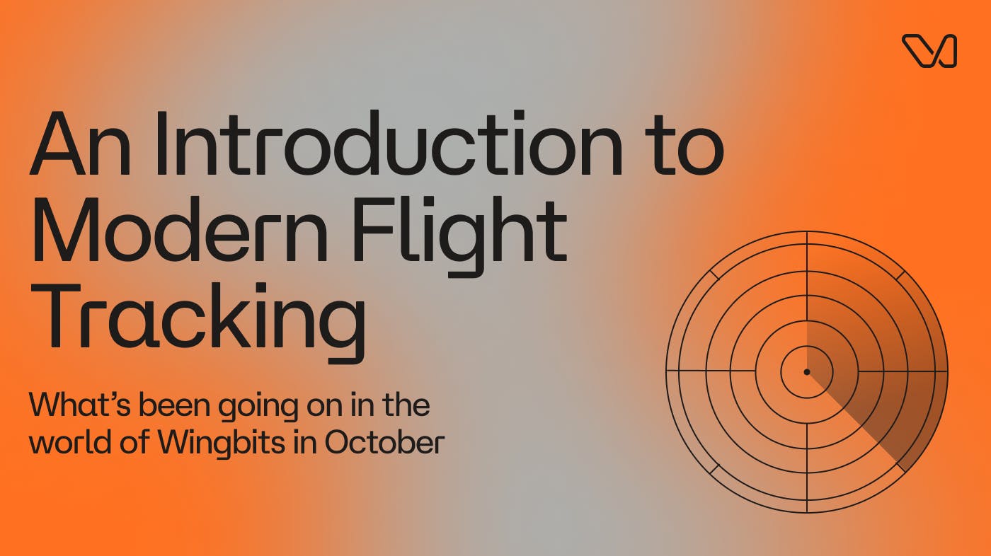 Orange and gray image with the words "How to Track Aircraft Around the World: An Introduction to Modern Flight Tracking" and the term "A simple guide to modern flight tracking with DePIN technology."