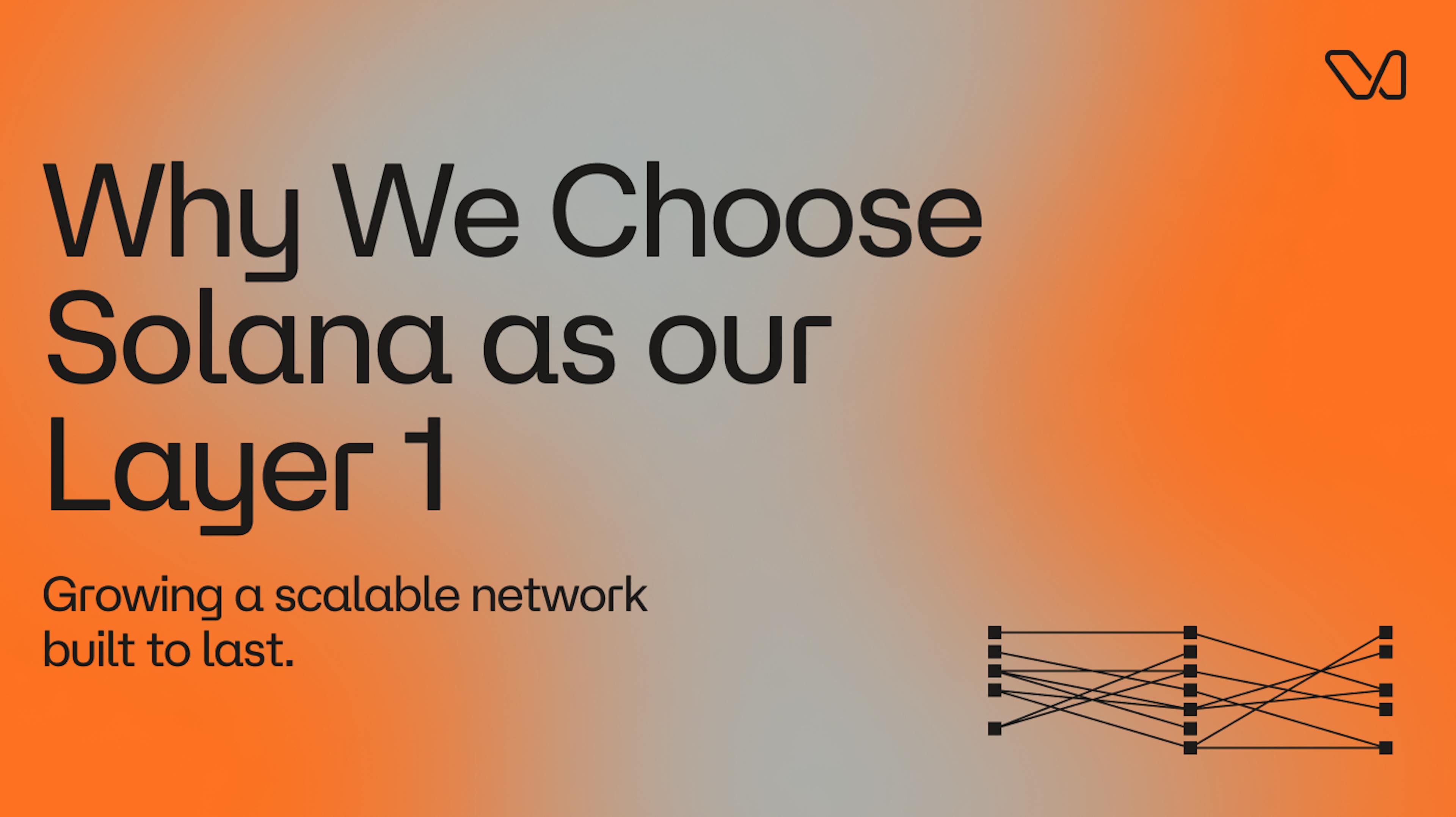 Orange and gray image with the words "Why We Chose Solana" and the term "Growing a scalable network built to last"