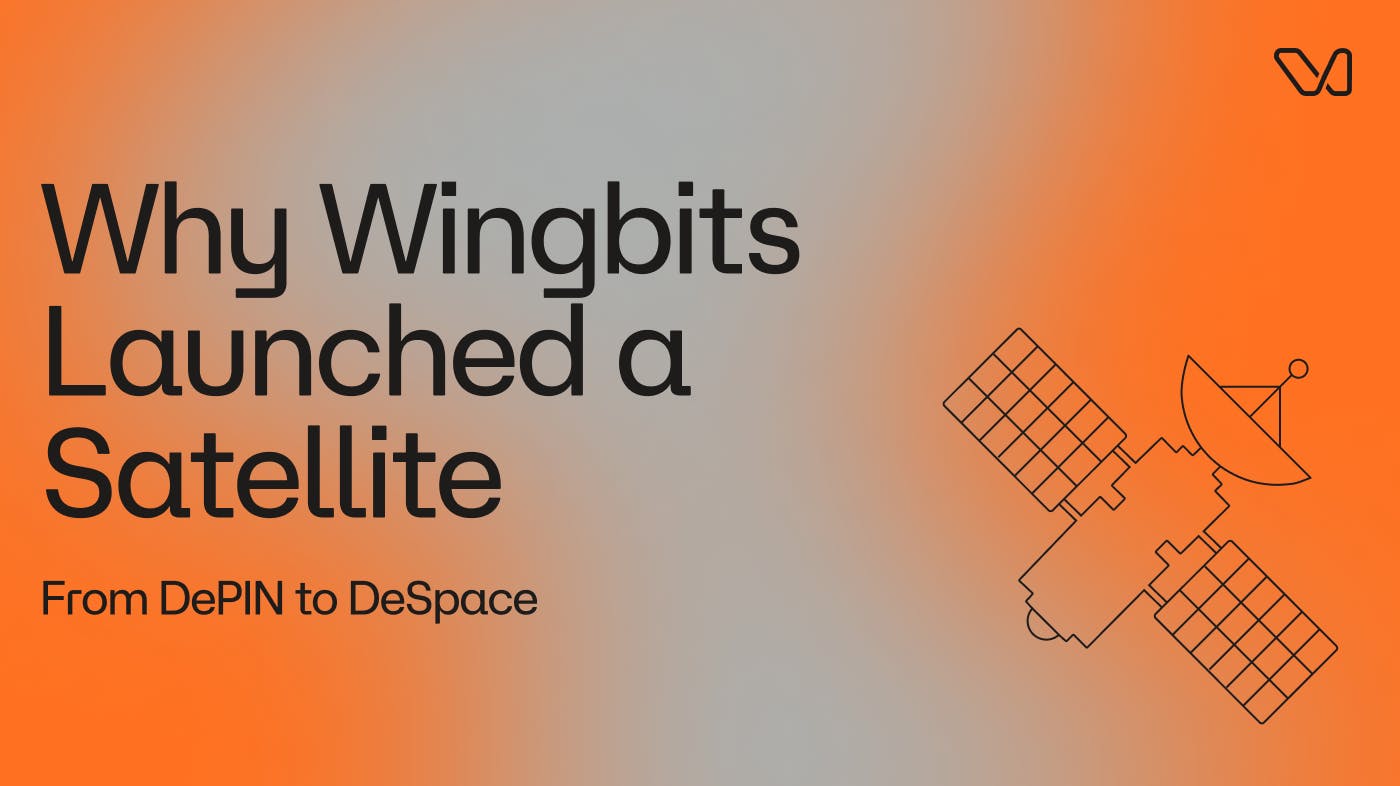 A blog banner for the article Why Wingbits Launched a Satellite that states From DePIN to DeSPACE. There is an image of rocket with an orange and gray gradient background.