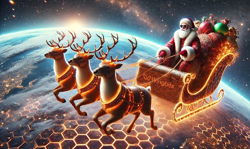 Image of Santa Clause on his sleigh with the Wingbits logo