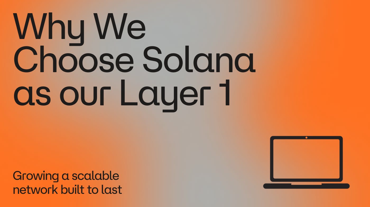 Orange and gray image with the words "Why We Chose Solana" and the term "Growing a scalable network built to last"