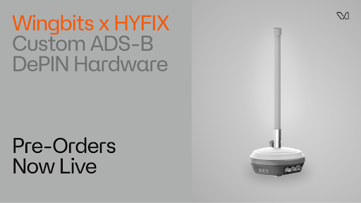 Wingbits x HYFIX Custom ADS-B DePIN Hardware product image showing a white vertical antenna and base unit on grey background with text announcing pre-orders are live