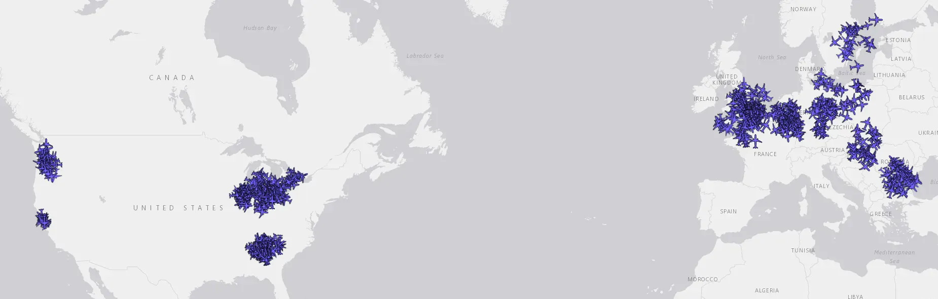 Winbits map showing aircraft tracked by the ads-b flight-tracking network