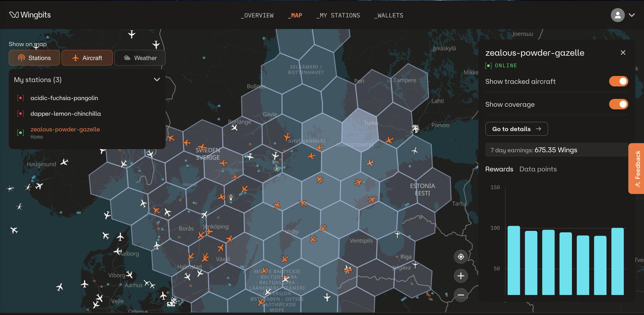 Wingbits map image showing aircraft and token rewards