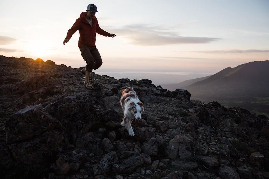 Man going on an active hike with his dog