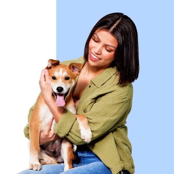 Woman holding ginger and white dog