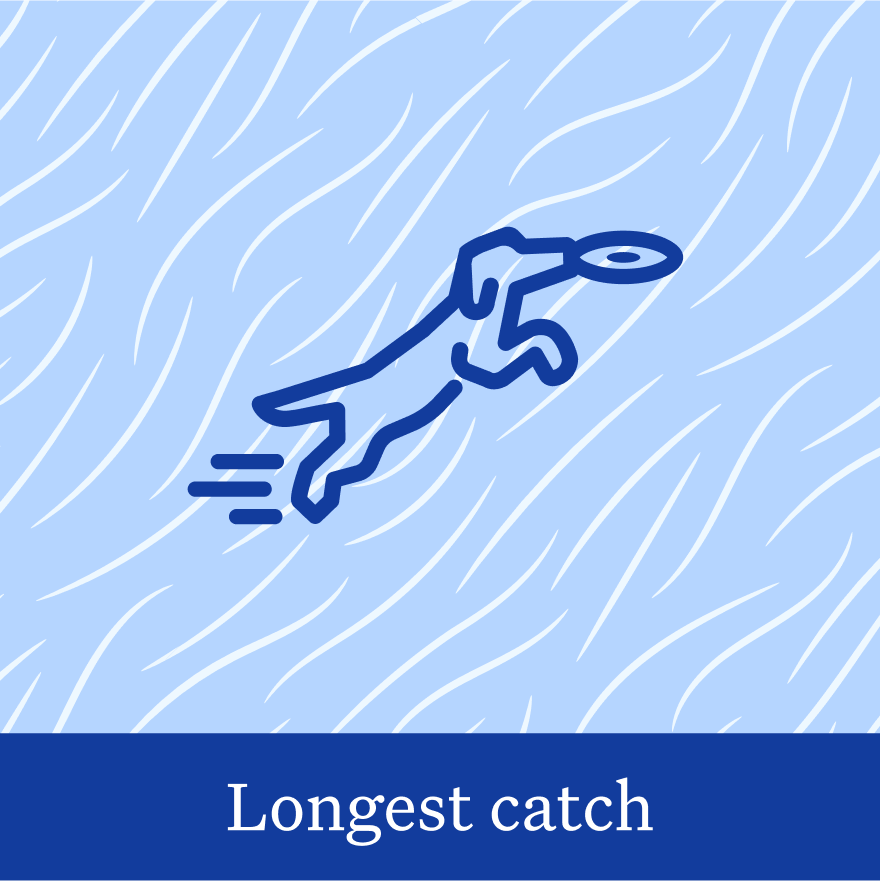 Illustration of a dog catching a frisbee. Text: Longest catch