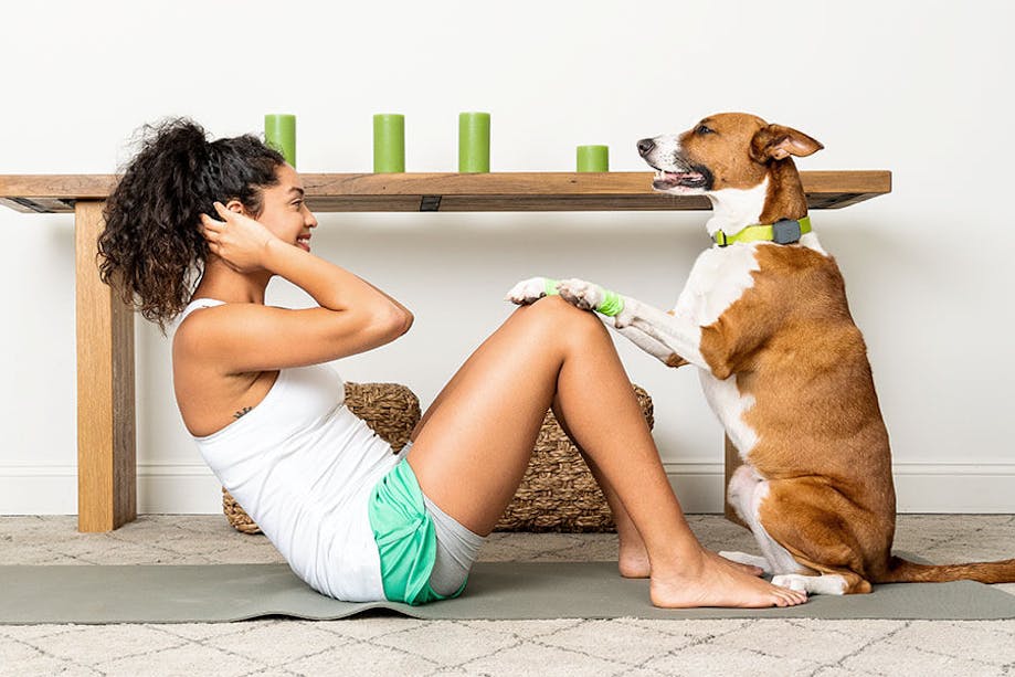 Dog helping woman do sit ups