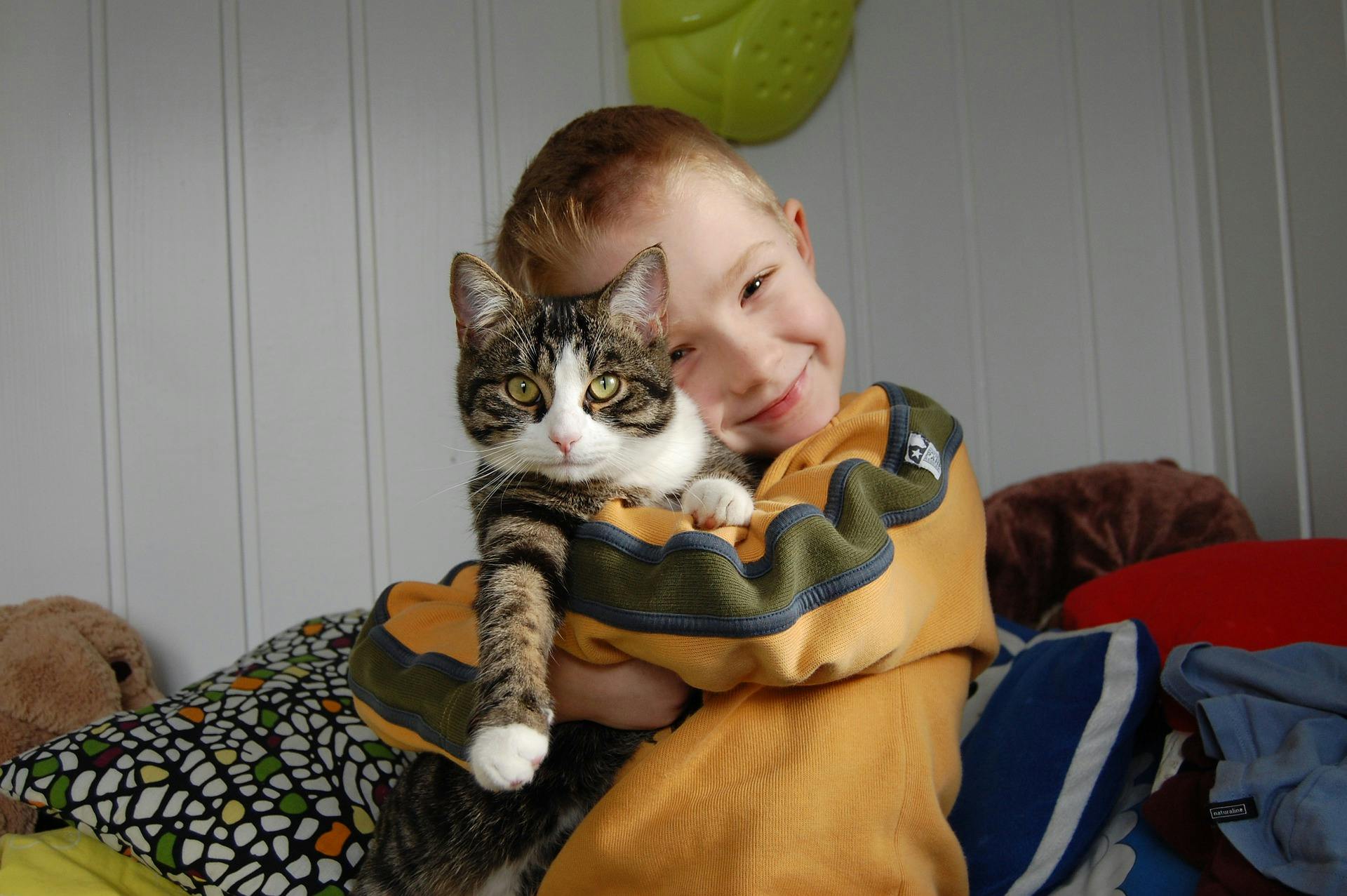 Boy smiling while hugging his little kitten.