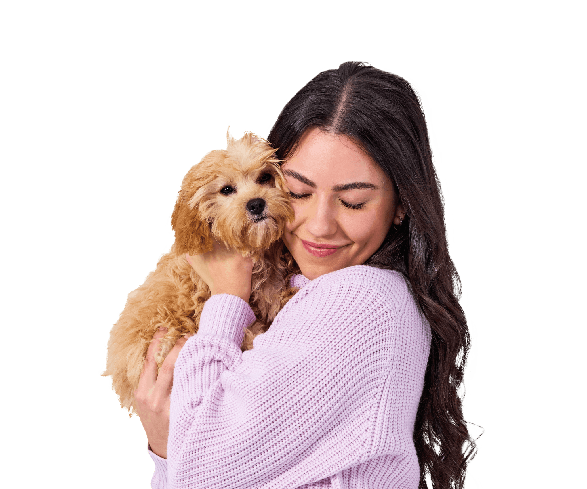 Beautiful dark-haired young woman hugging a cute fluffy light brown poodle mixed breed dog