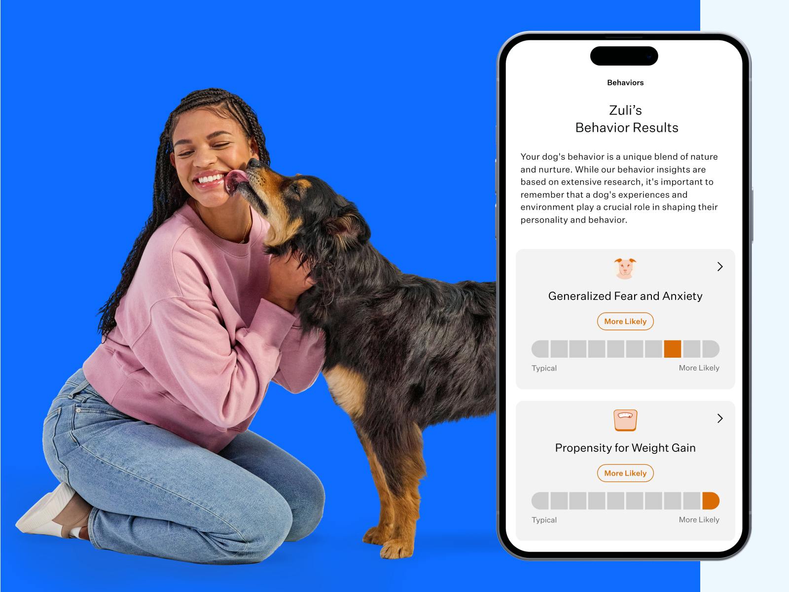 Photo of a dog licking a woman and a sample behaviour insights report displayed on a mobile phone.