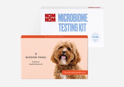 Wisdom Panel Premium dog DNA test with a Nom Nom Microbiome kit