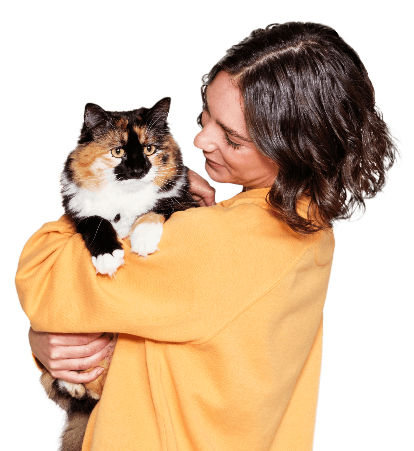 A woman holding a  fluffy, calico cat