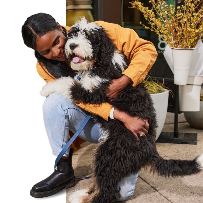 Woman hugging black and white dog