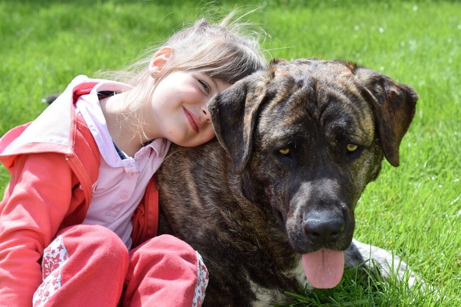 Young girl hugging her dog outside