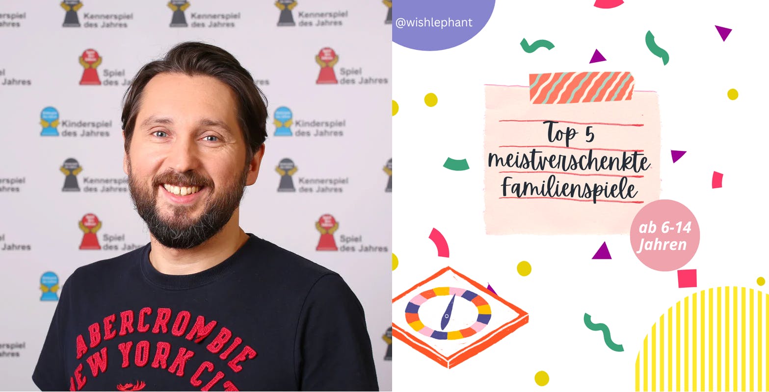 Links ein Photo von Guido Heineke, rechts ein Post-It mit dem Text: "Top 5 meistverschenkte Familienspiele"