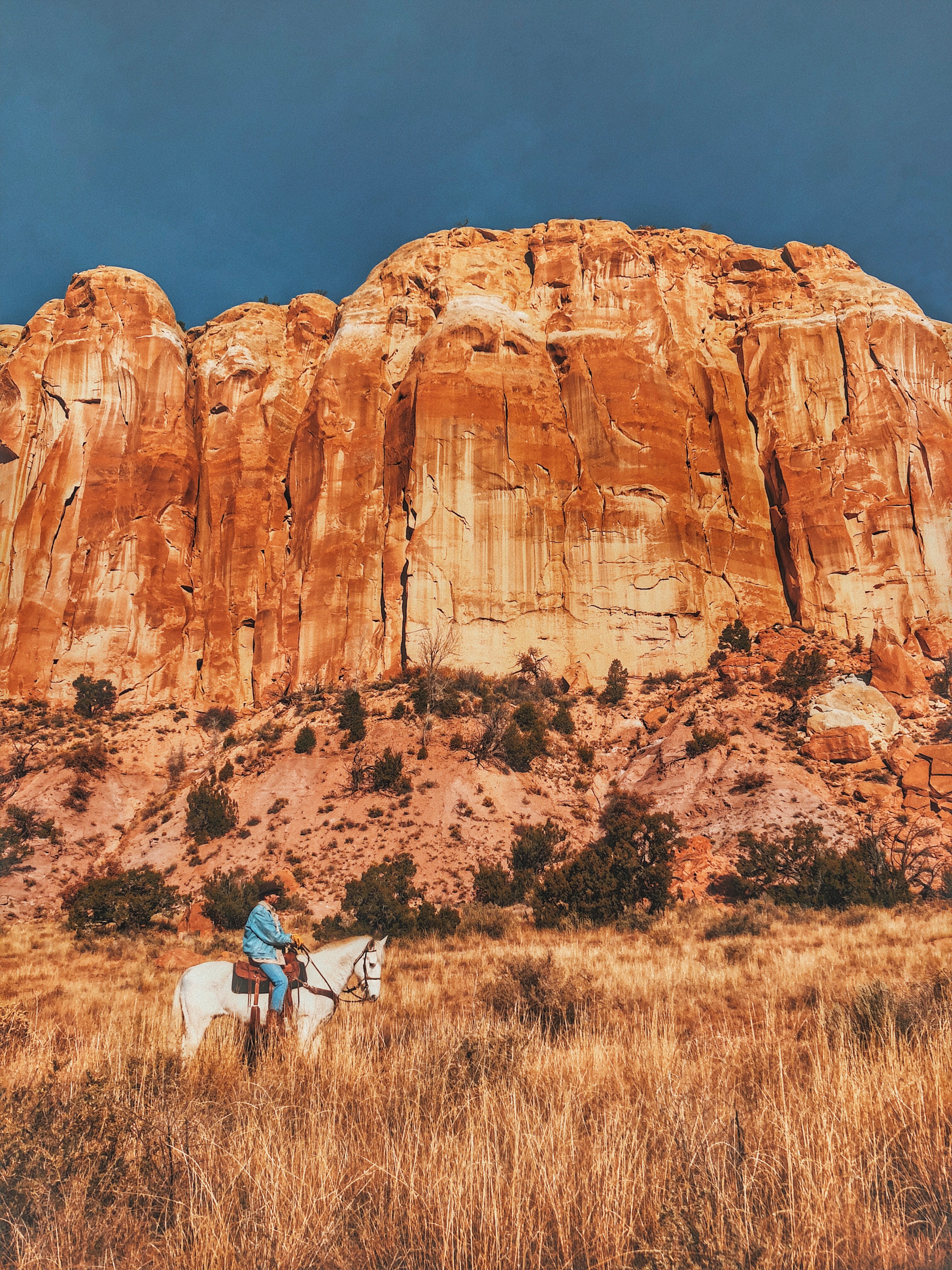 Man riding a white horse below a mountain