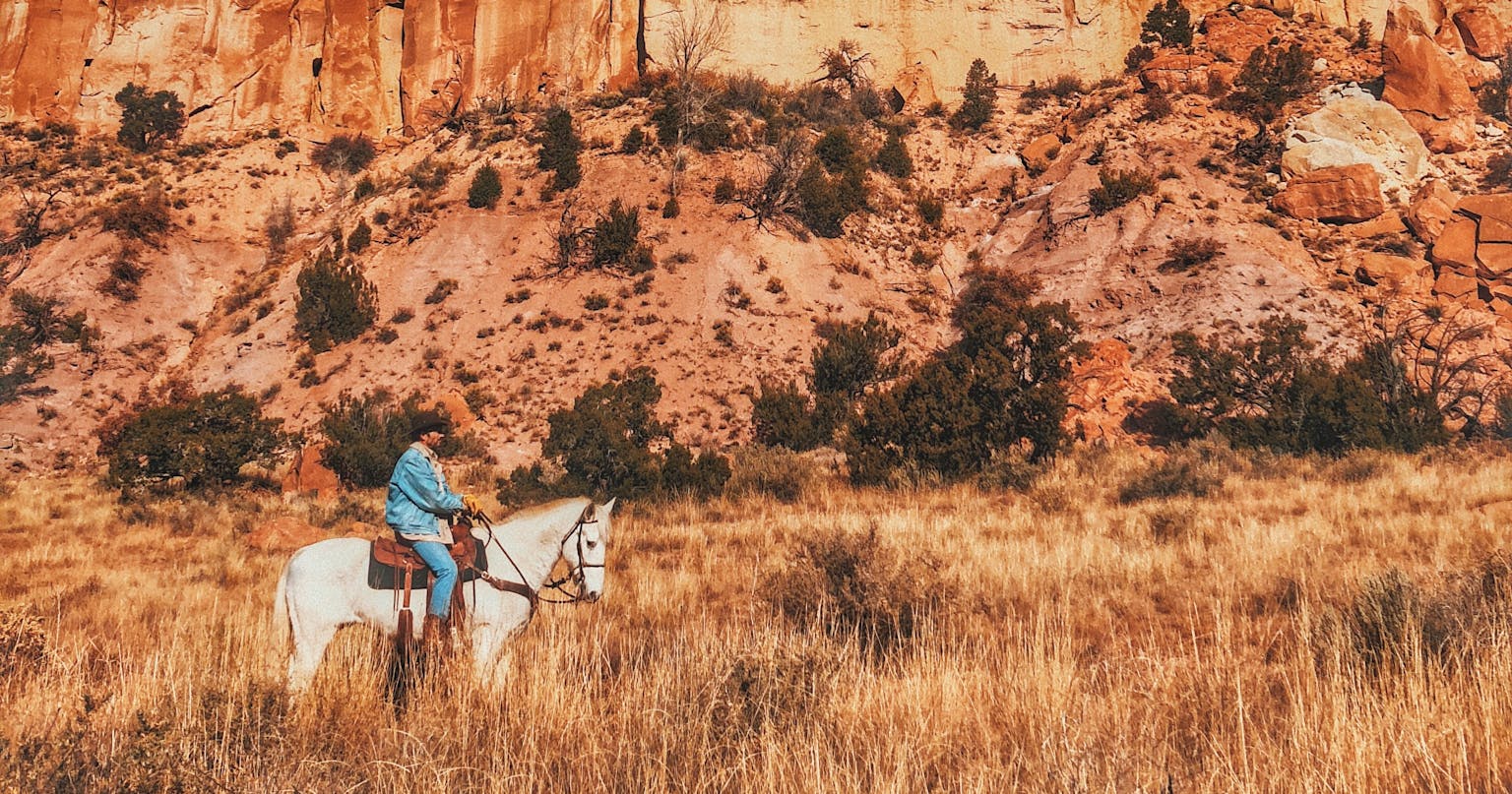 Man riding a white horse below a mountain
