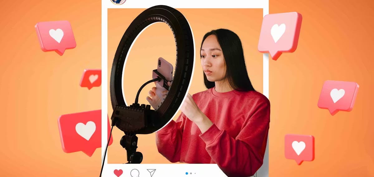 A young woman uses a ring light and smartphone to film vertical video content. This setup is ideal for creators who turn long-form into short-form video, transforming detailed YouTube videos into snappy TikToks or Instagram Reels.
