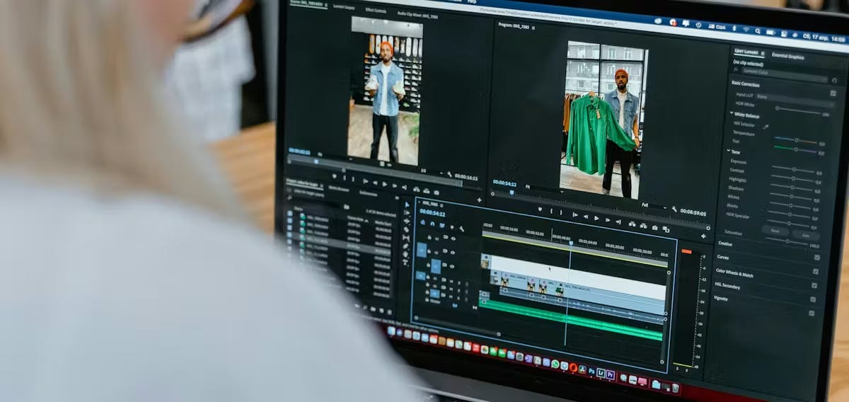 A close-up of a high-end monitor showing professional video editing software. The complex timeline and color-grading panels represent the technical precision required to turn long-form into short-form while maintaining high production quality.
