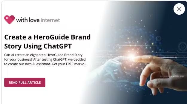 A white social media link preview card showing "The Eight-Step HeroGuide Brand Story Method" with a grayscale image of a knight, demonstrating how meta property og tags clarify business messaging.