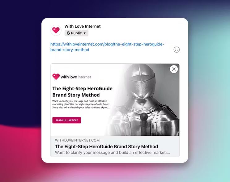 A social media preview for the HeroGuide Brand Story Method, demonstrating how to use a meta property og image and title to clarify a business message.