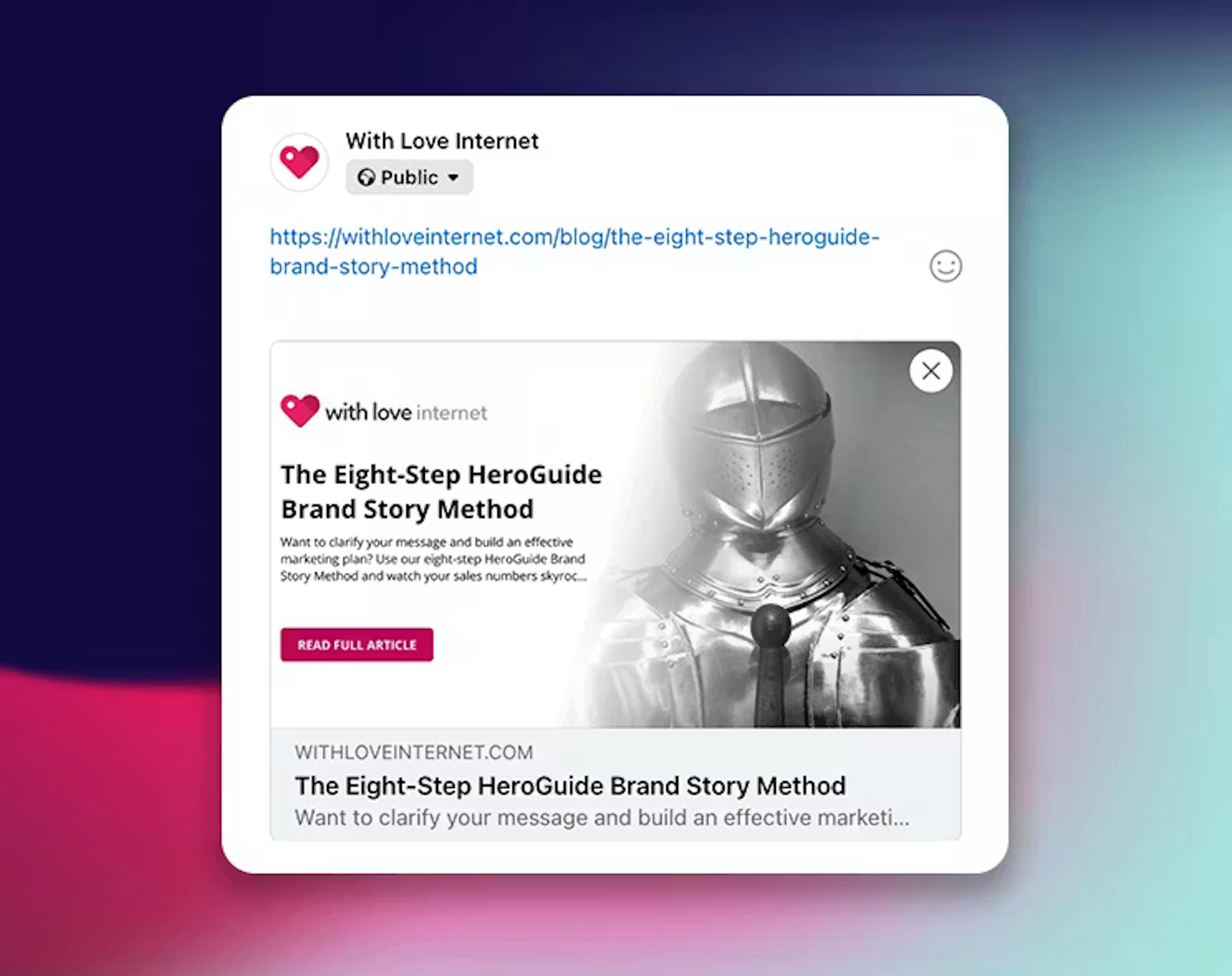 A social media preview for the HeroGuide Brand Story Method, demonstrating how to use a meta property og image and title to clarify a business message.
