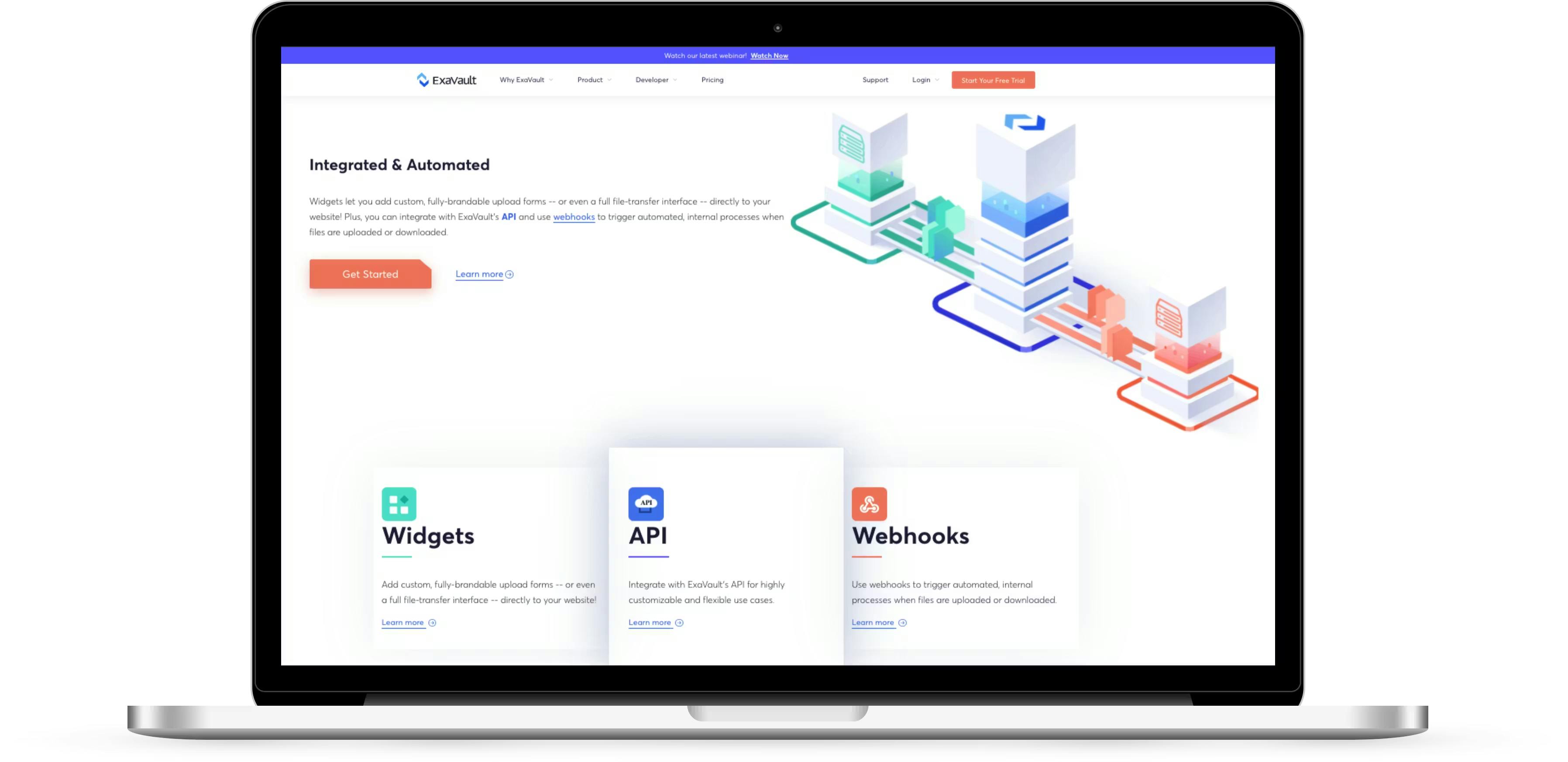 An example of a "Solution" section on a homepage, highlighting integrated features like Widgets, APIs, and Webhooks.