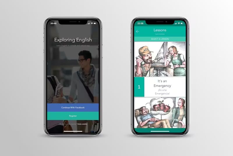 Two iPhone mockups showing the 'English in Action' app. The left screen shows a login page titled 'Exploring English,' and the right screen displays a lesson titled 'It’s an Emergency' with hand-drawn cartoon illustrations of everyday situations.