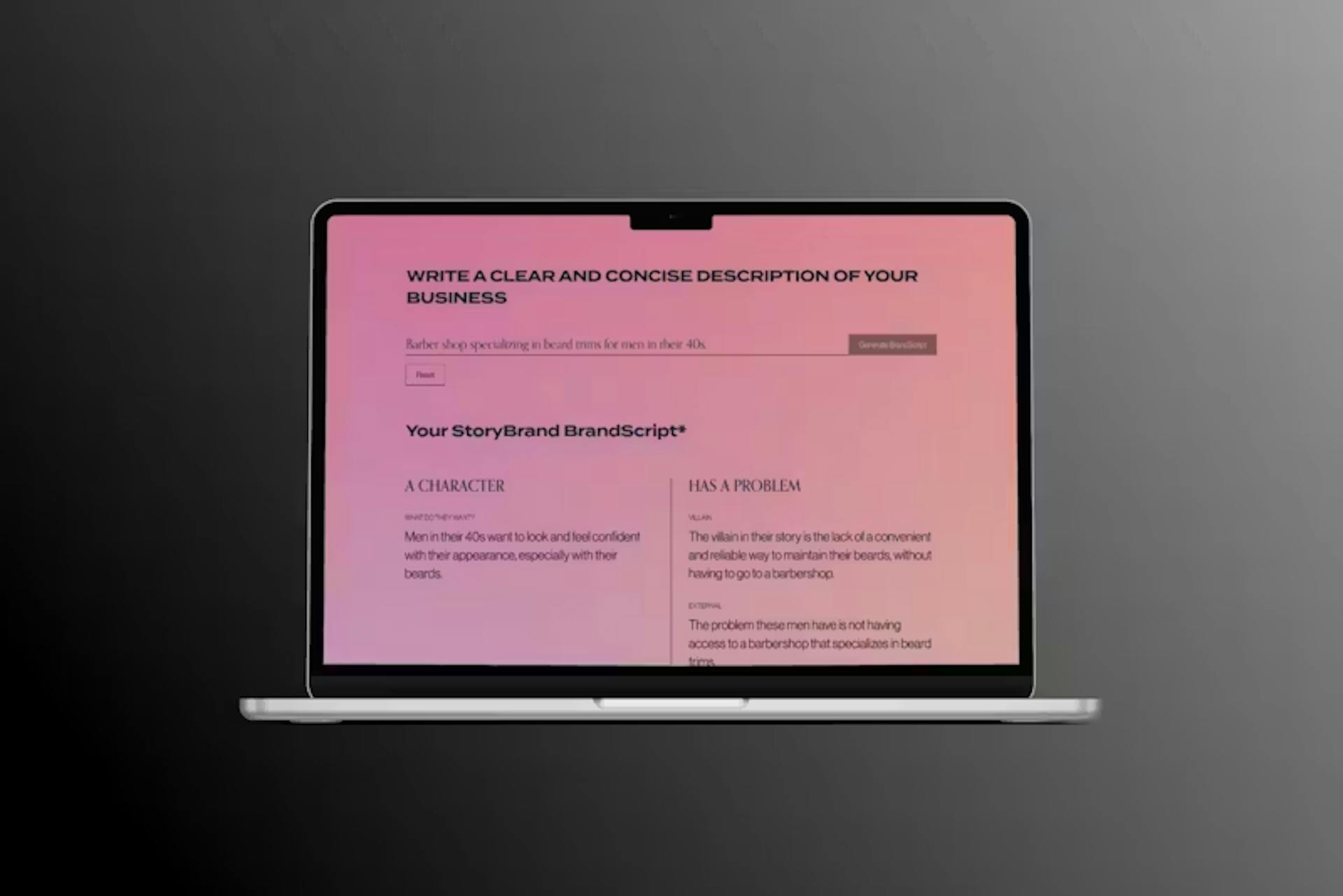 A MacBook mockup displaying the AI BrandScript Generator tool. The screen features a soft rainbow gradient background and a prompt asking the user to 'WRITE A CLEAR AND CONCISE DESCRIPTION OF YOUR BUSINESS' with a 'Generate BrandScript' button.