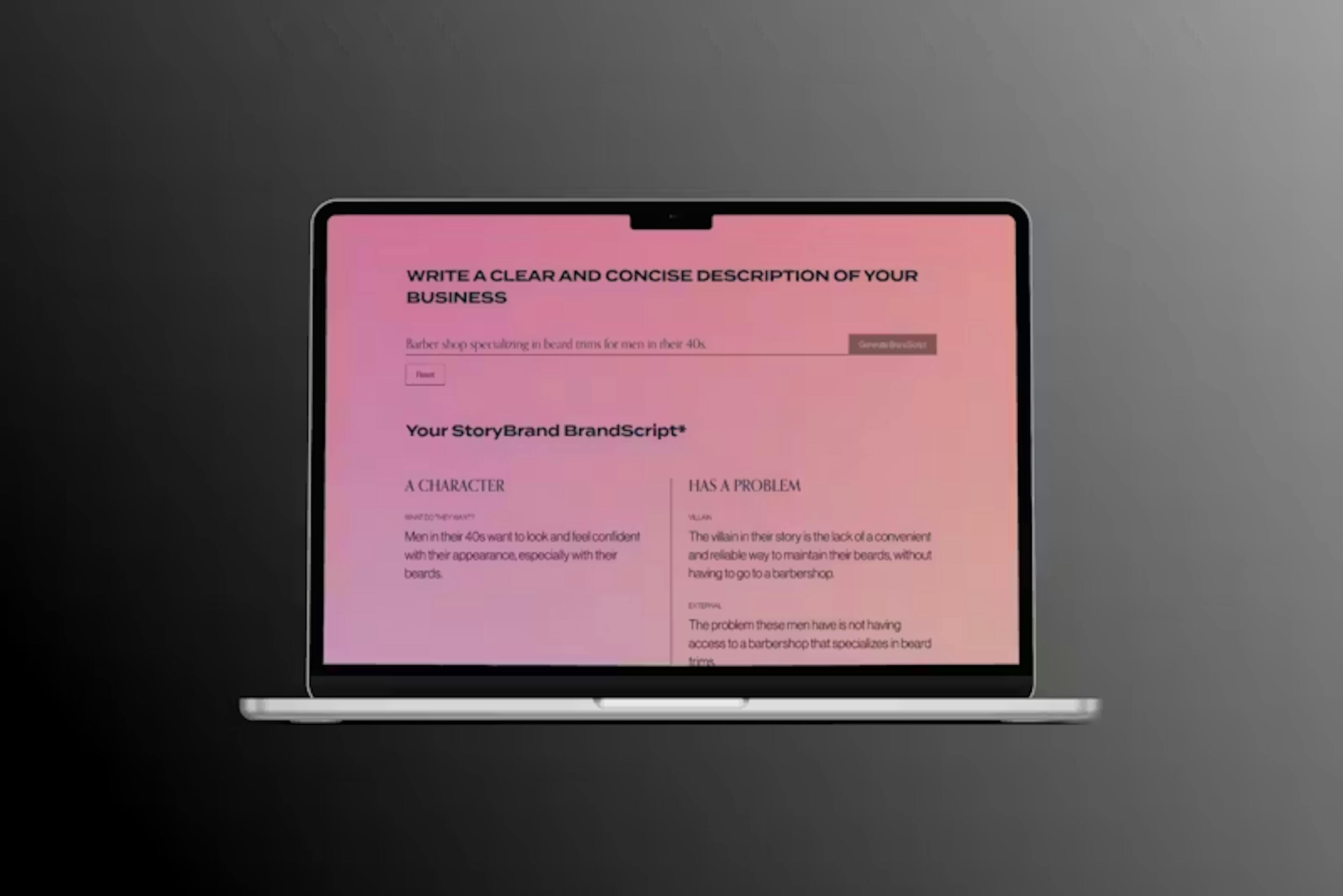 A MacBook mockup displaying the AI BrandScript Generator tool. The screen features a soft rainbow gradient background and a prompt asking the user to 'WRITE A CLEAR AND CONCISE DESCRIPTION OF YOUR BUSINESS' with a 'Generate BrandScript' button.