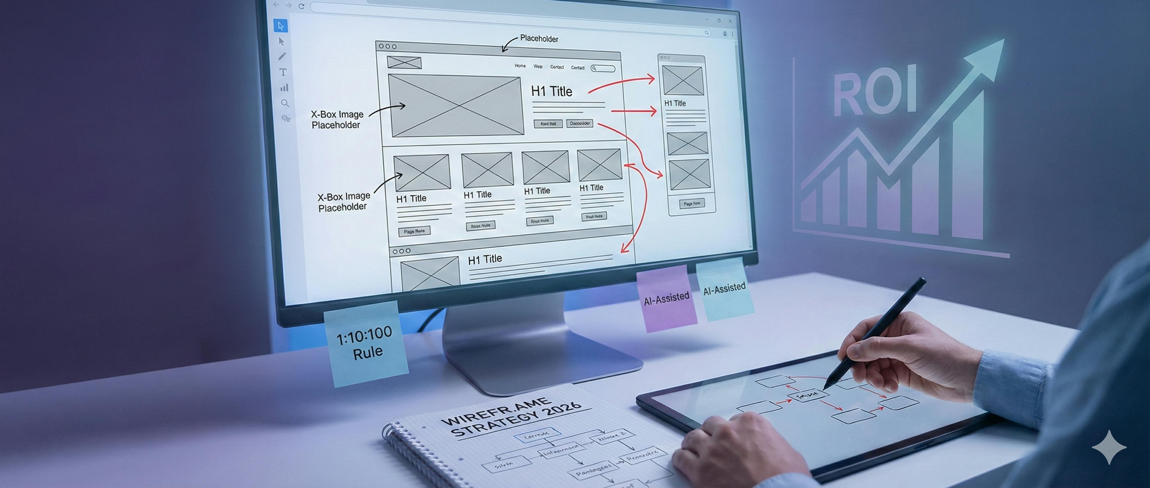 Professional UX designer creating a low-fidelity wireframe on a monitor featuring UI/UX strategy elements, the 1:10:100 rule, and an ROI growth chart for a 2026 digital agency project.