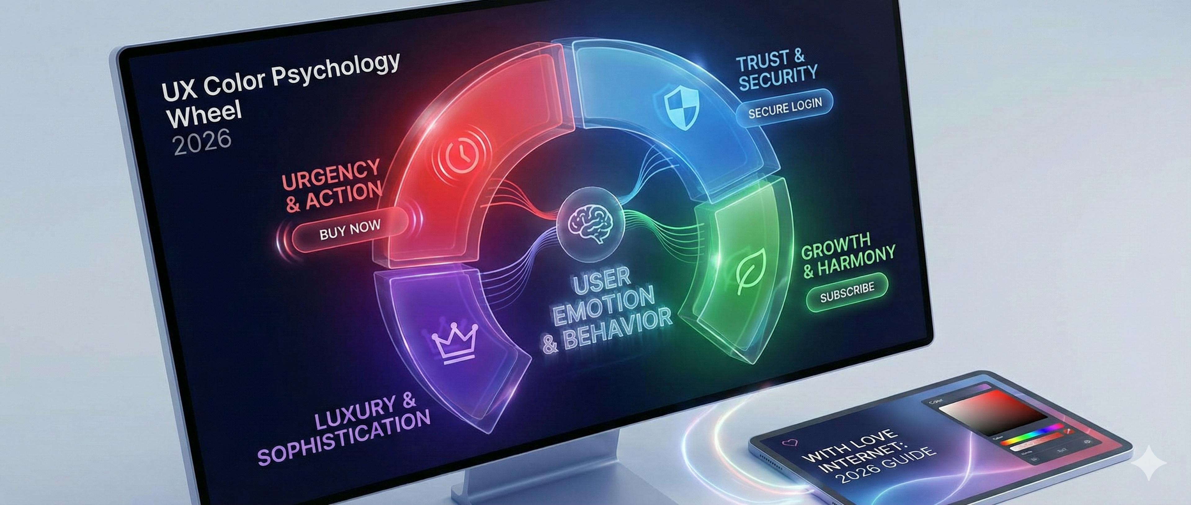 A futuristic 2026 UX color psychology wheel infographic displayed on a monitor and tablet, illustrating how color segments like red (urgency) and blue (trust) influence user behavior for the With Love Internet definitive guide.