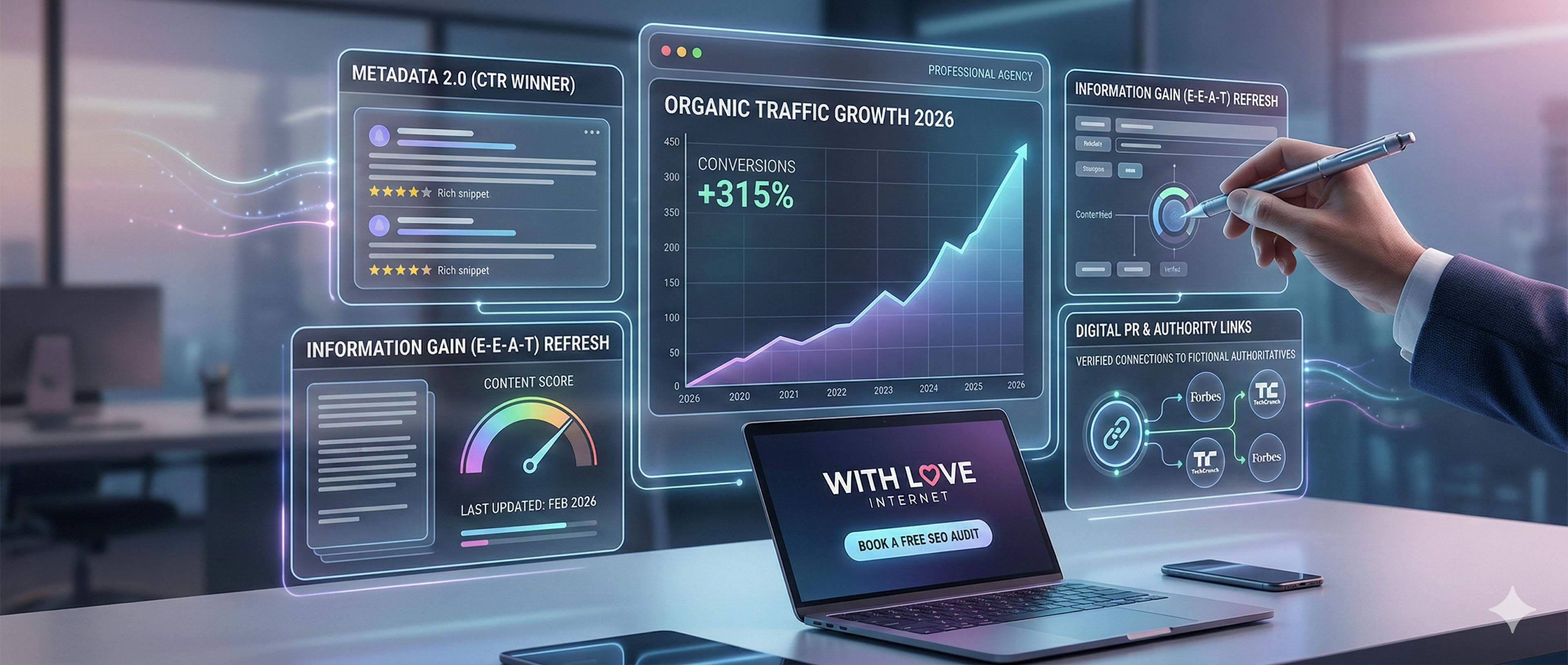 A professional 2026 SEO growth dashboard showing rising traffic analytics, search optimization strategies, and a laptop displaying "With Love Internet" digital marketing services.