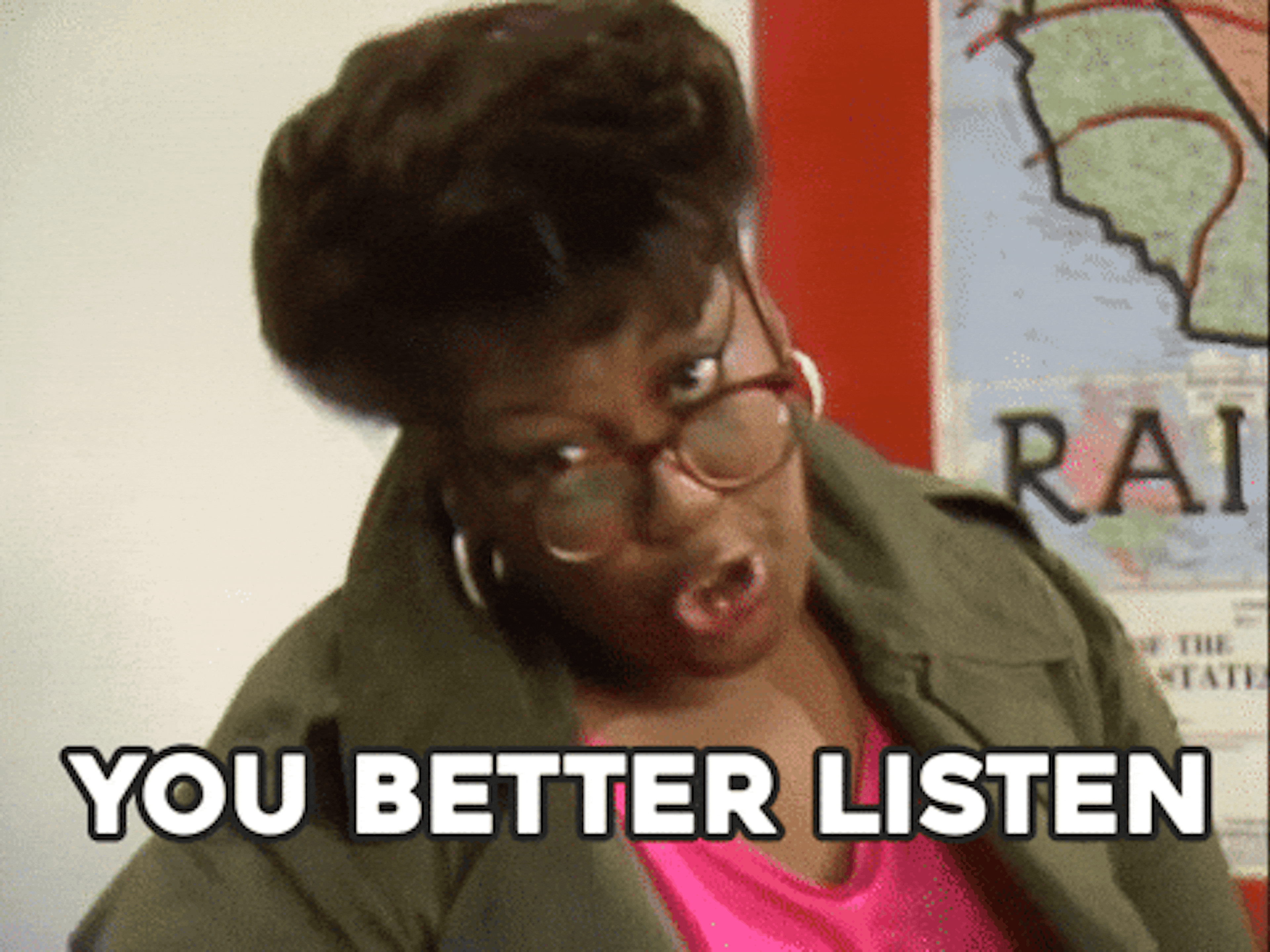 A woman pointing and saying "YOU BETTER LISTEN," emphasizing the importance of choosing the right tool in the Submagic vs. Captions.ai vs. CapCut market.