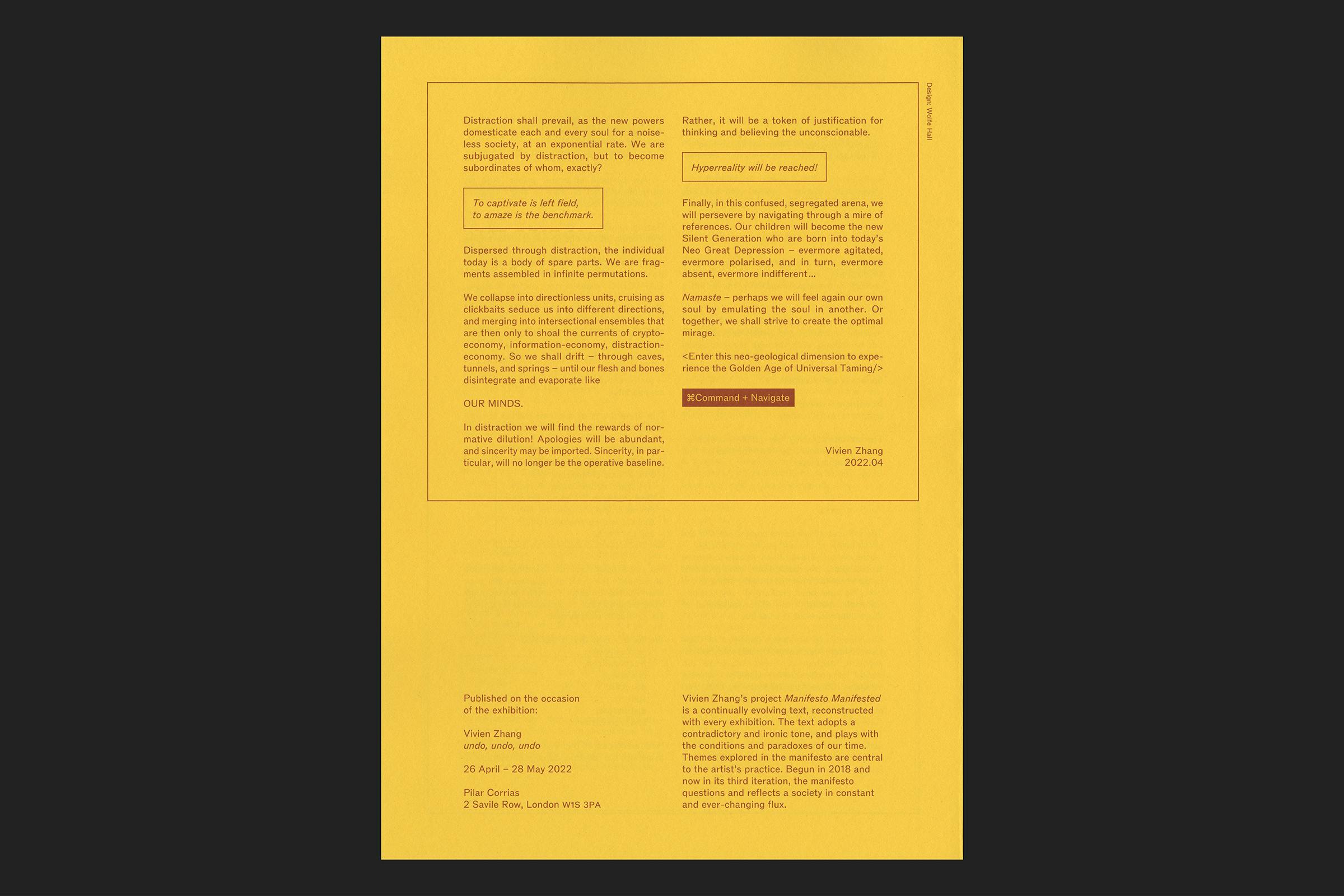 Pilar Corrias, Vivien Zhang, Manifesto Manifested, Print, Graphic Design by Wolfe Hall