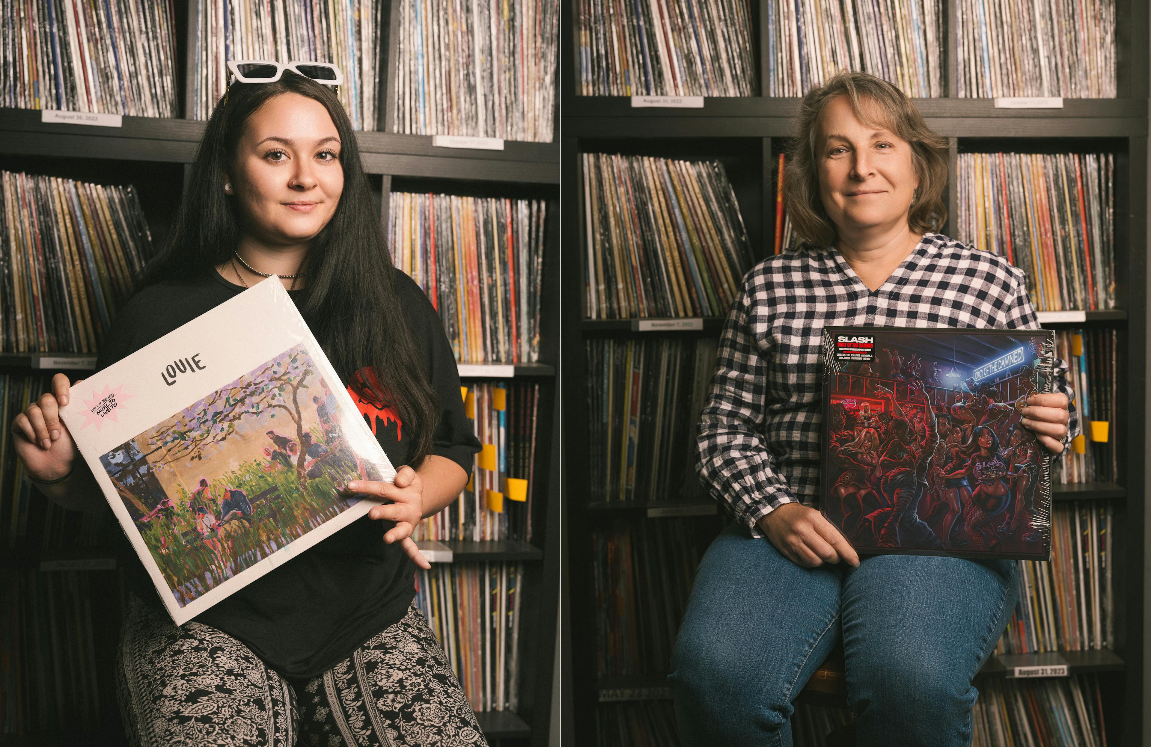 Portraits of Kim and Alanna from IRP holding their favorite records