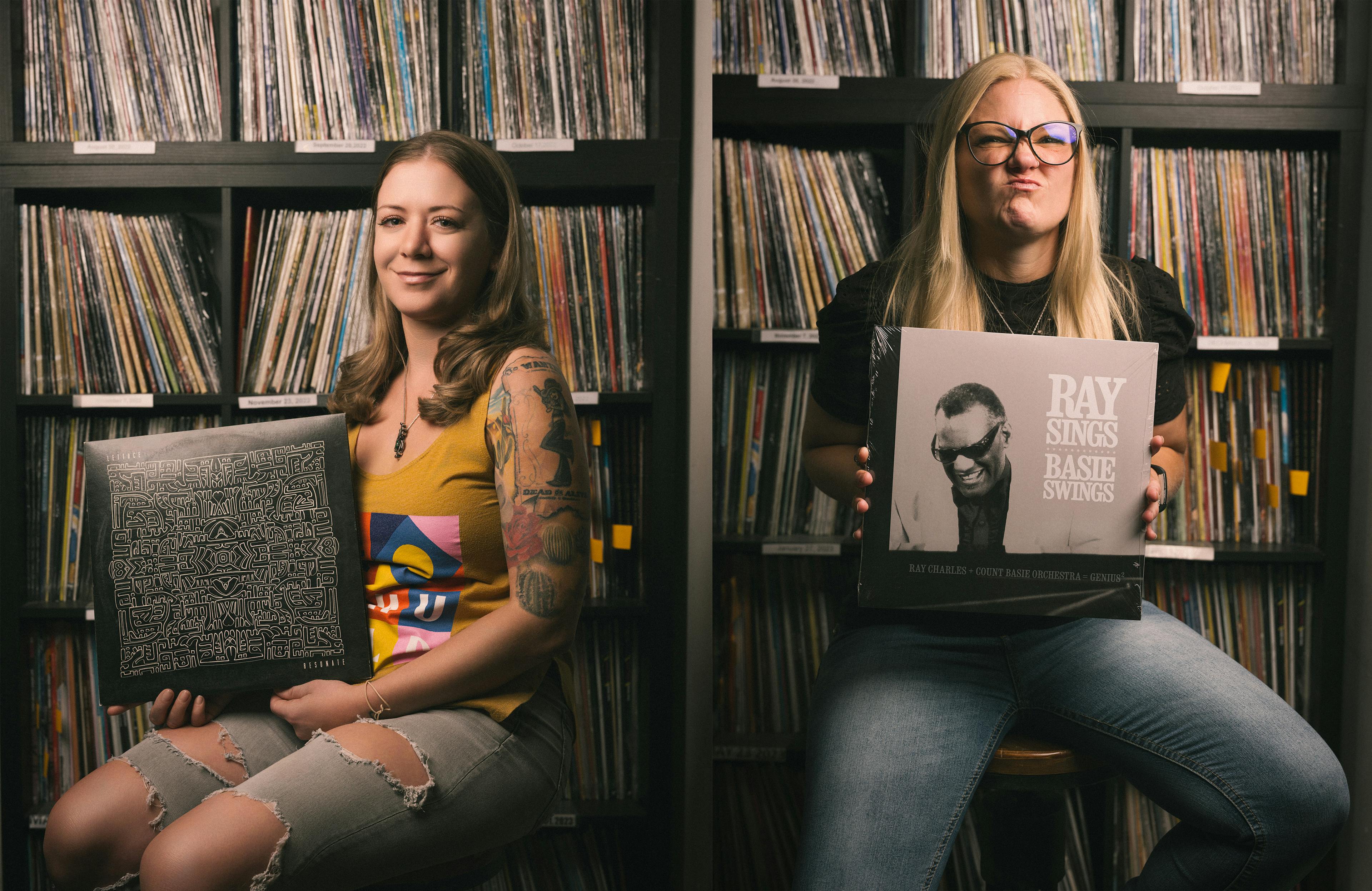 Portraits of Candace and Lynsey in front of a wall of records, holding their favorite records.