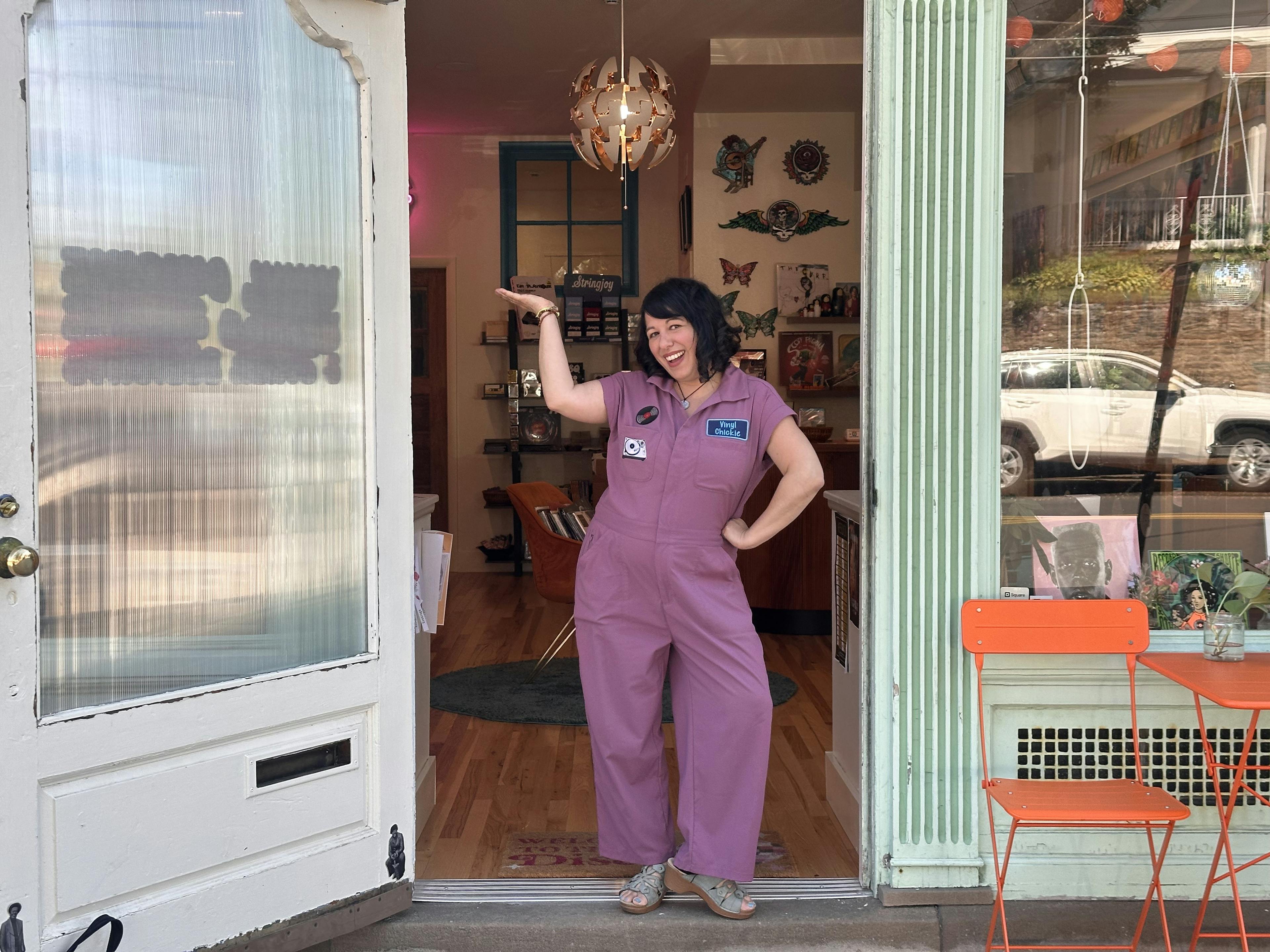 Lisa in doorway of record store