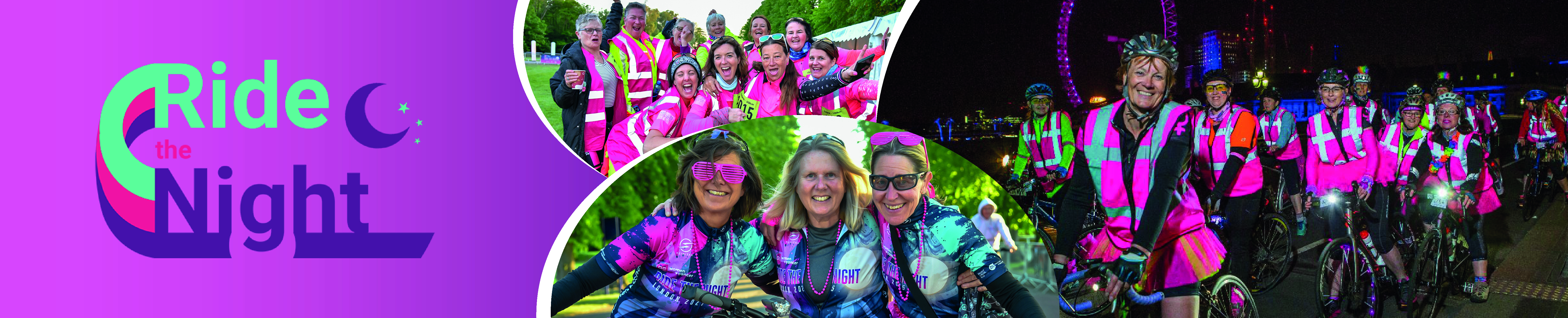 Ride the Night banner with smiling riders. 