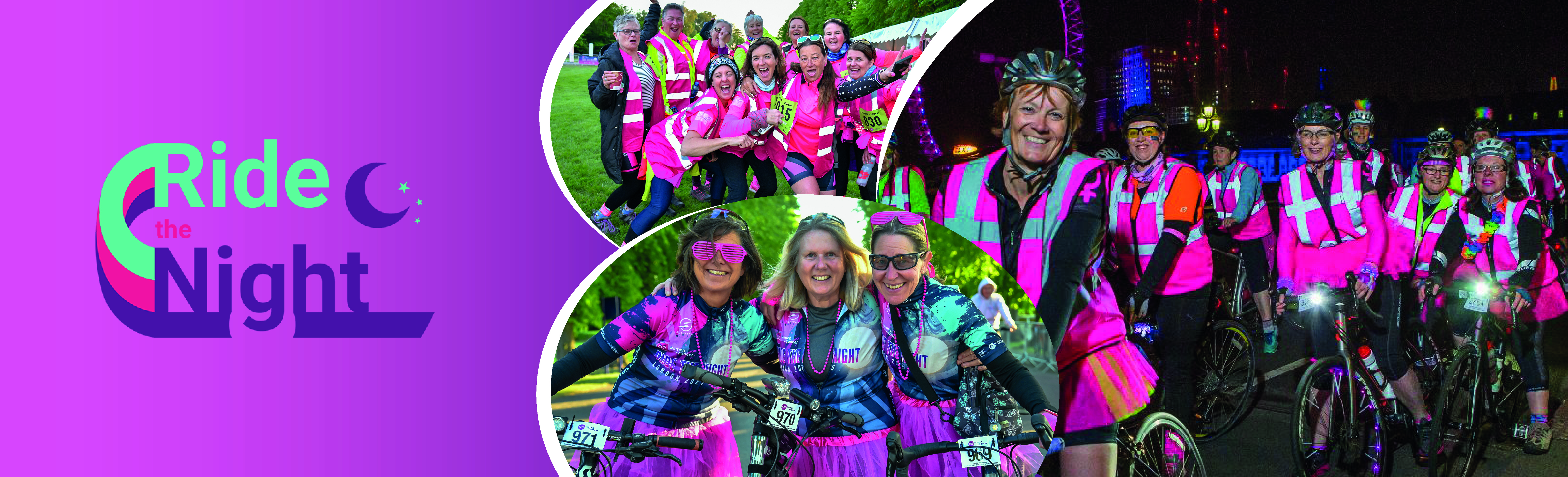 Ride the Night banner with smiling riders. 